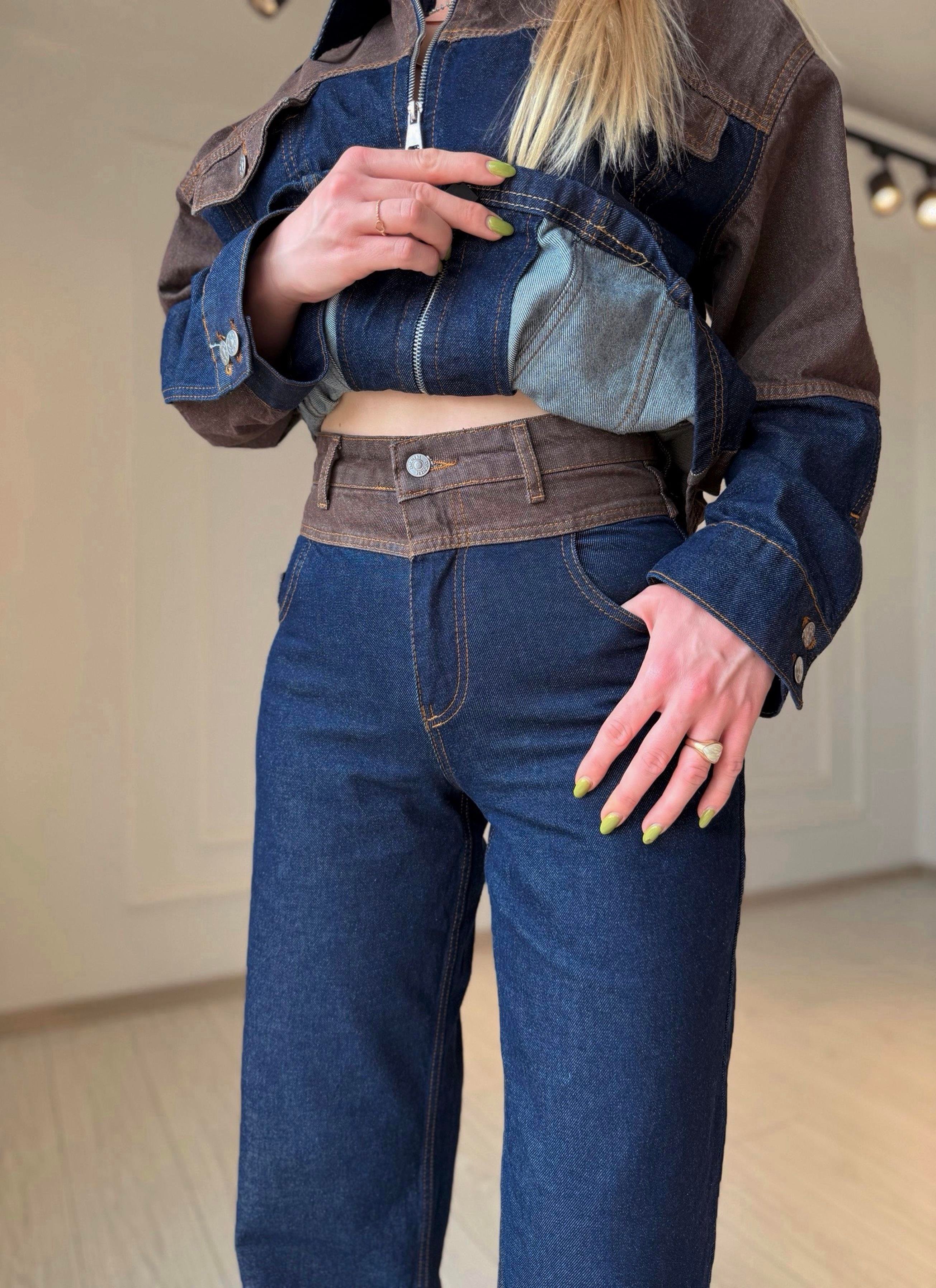 TAKIMDenim Kahve Detaylı Ceket Pantolon Takım