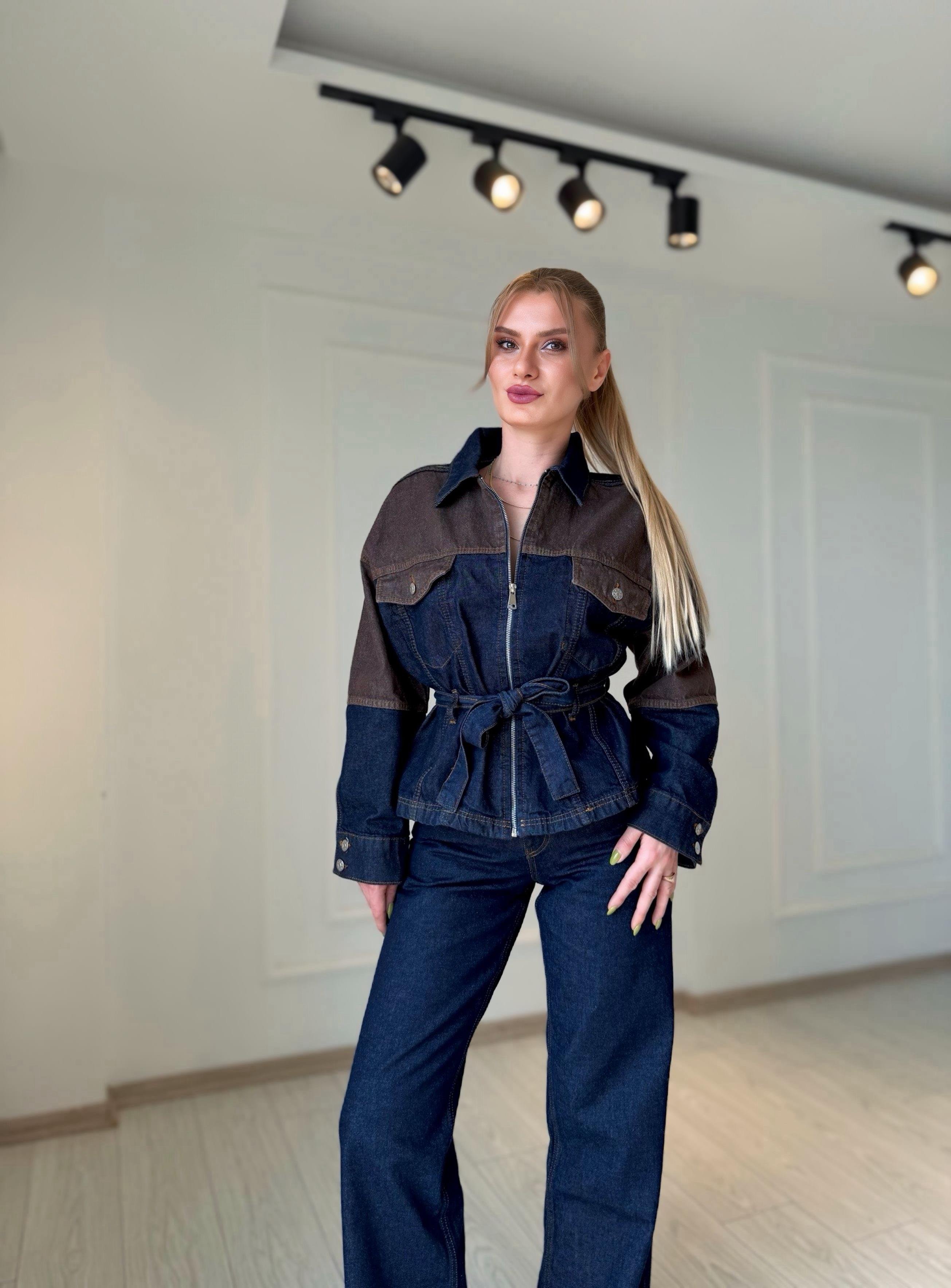 TAKIMDenim Kahve Detaylı Ceket Pantolon Takım