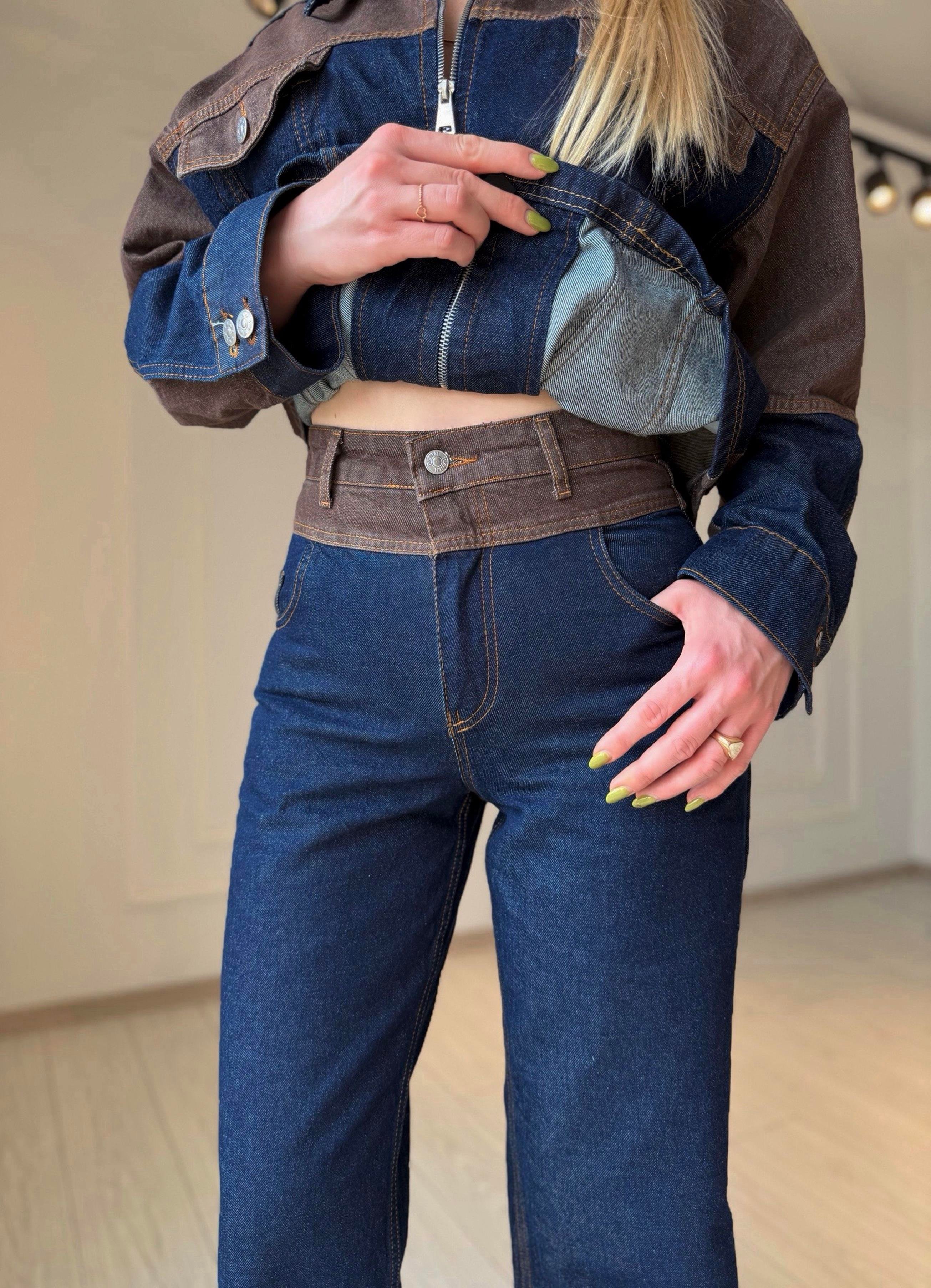 TAKIMDenim Kahve Detaylı Ceket Pantolon Takım