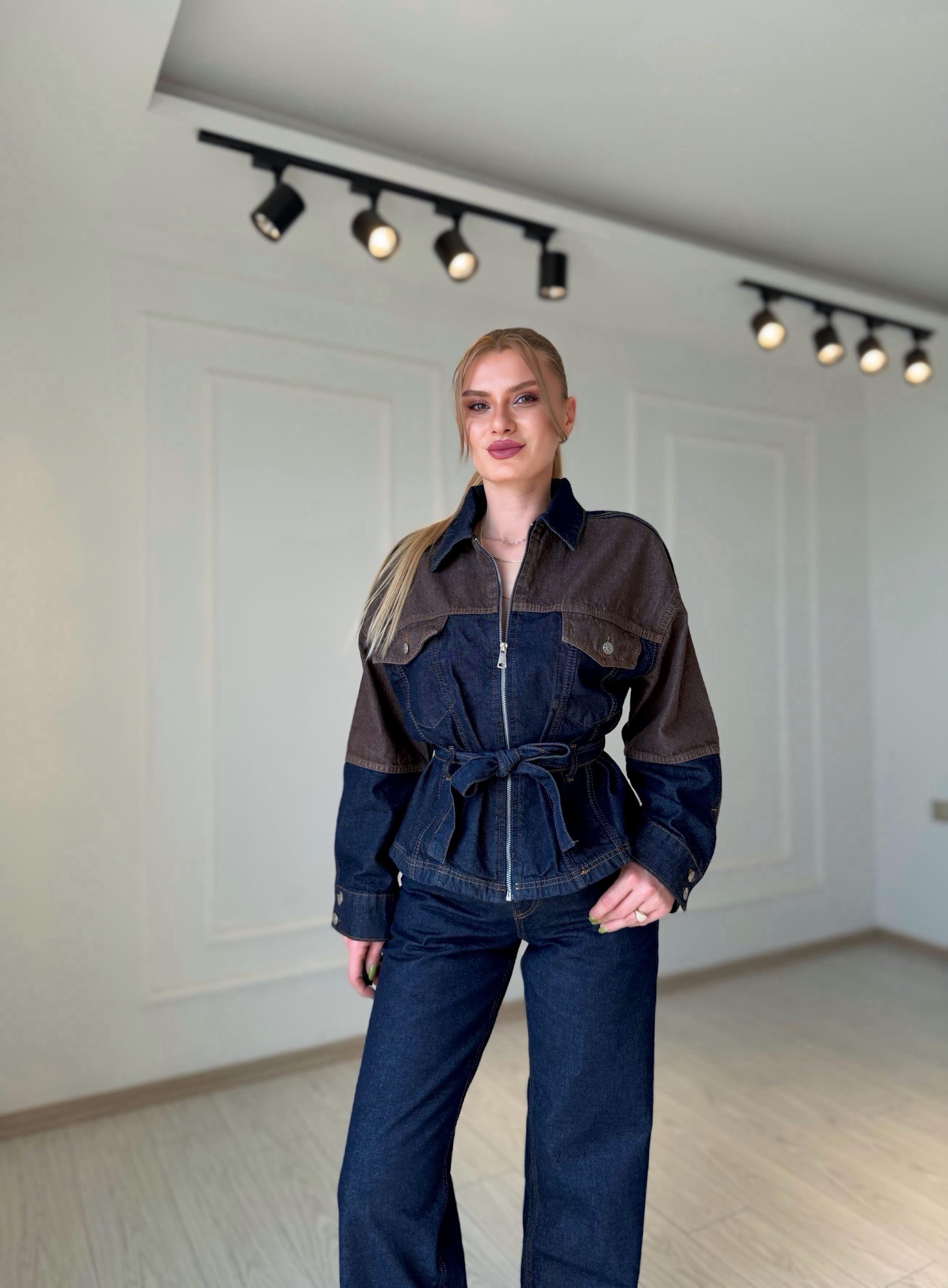 TAKIMDenim Kahve Detaylı Ceket Pantolon Takım