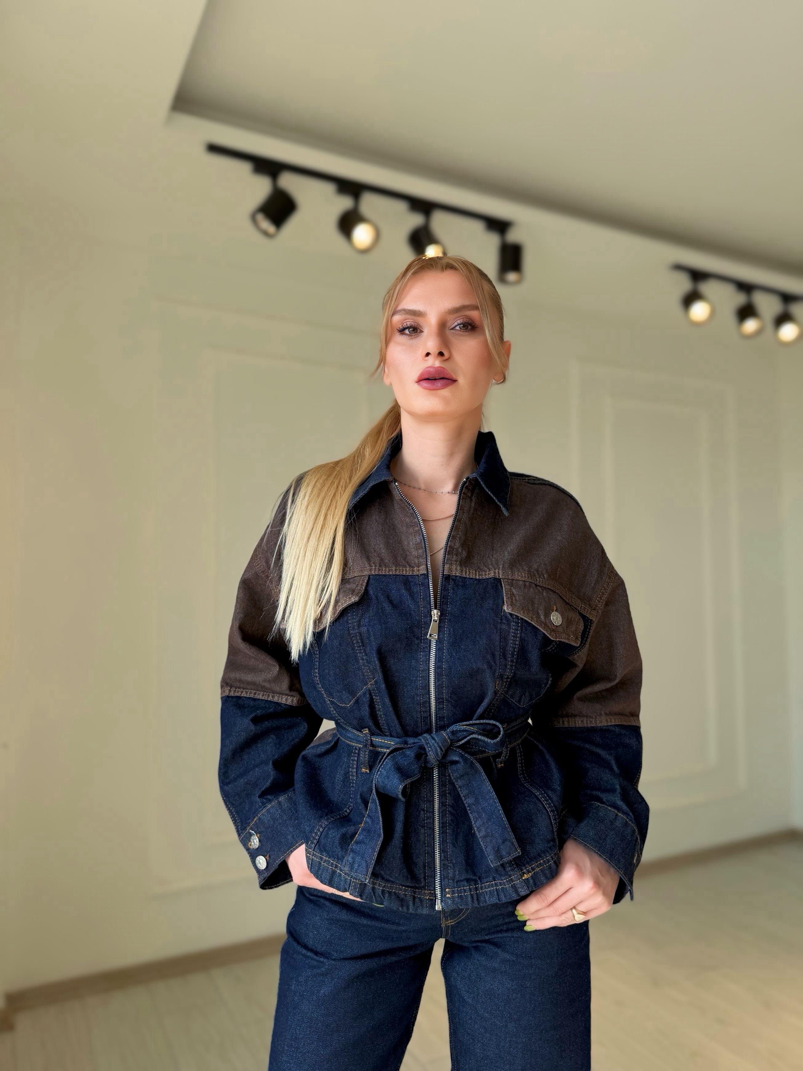 TAKIMDenim Kahve Detaylı Ceket Pantolon Takım