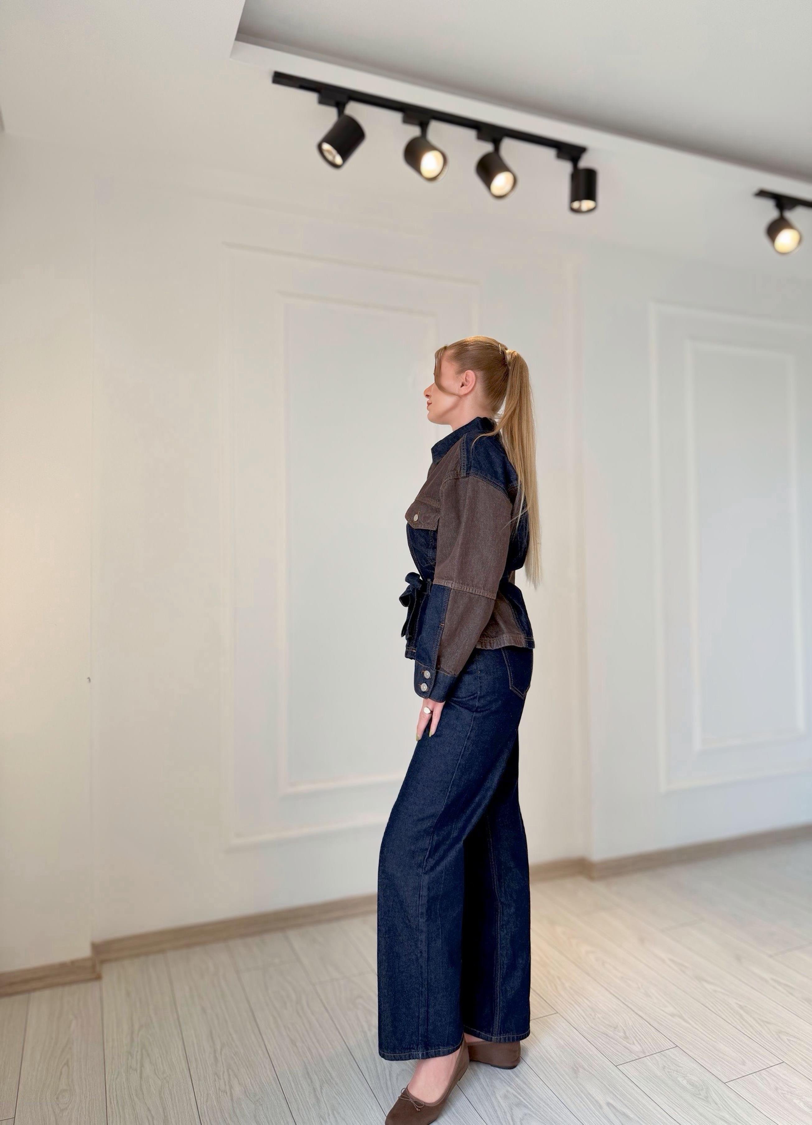 TAKIMDenim Kahve Detaylı Ceket Pantolon Takım