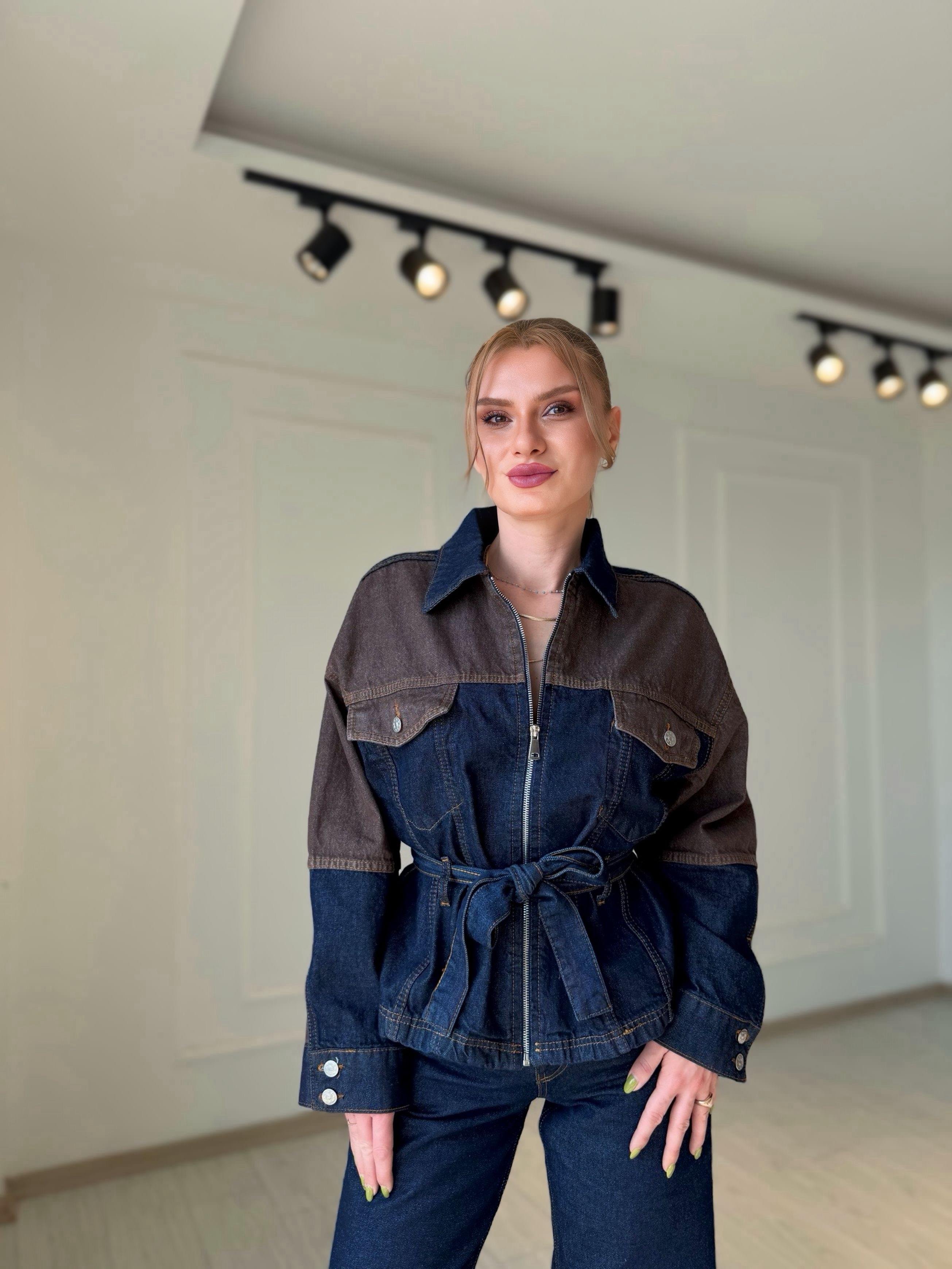 TAKIMDenim Kahve Detaylı Ceket Pantolon Takım
