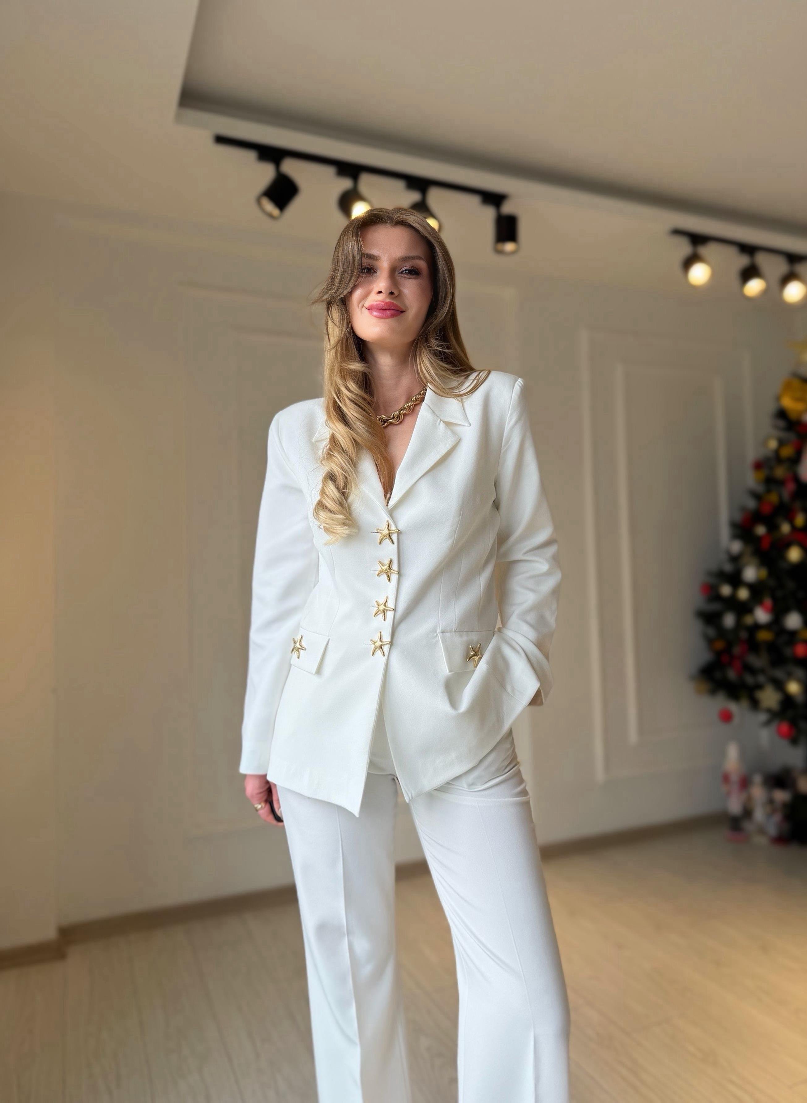 TAKIMGolden Star Ekru Blazer Palazzo Takım