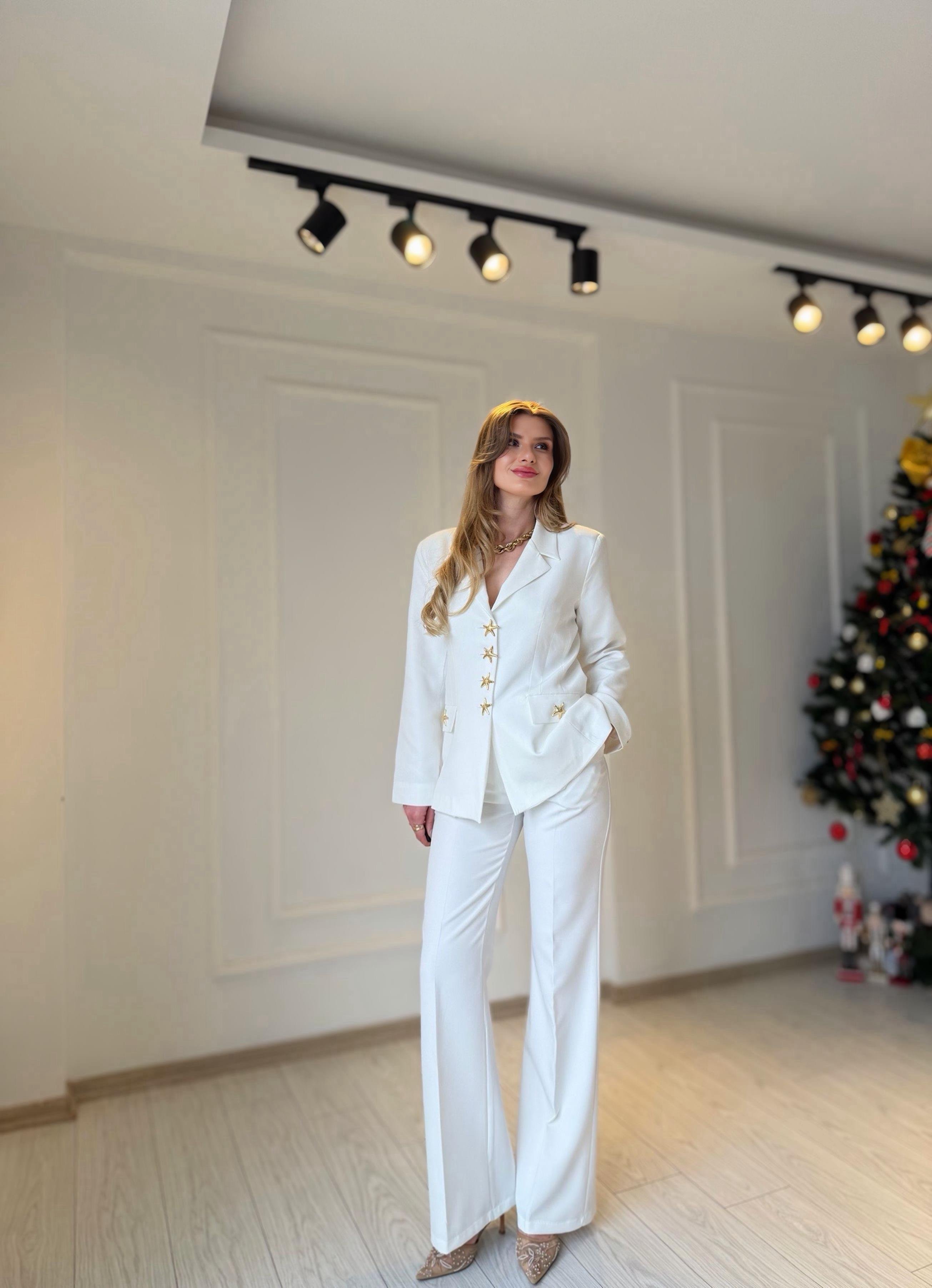 TAKIMGolden Star Ekru Blazer Palazzo Takım