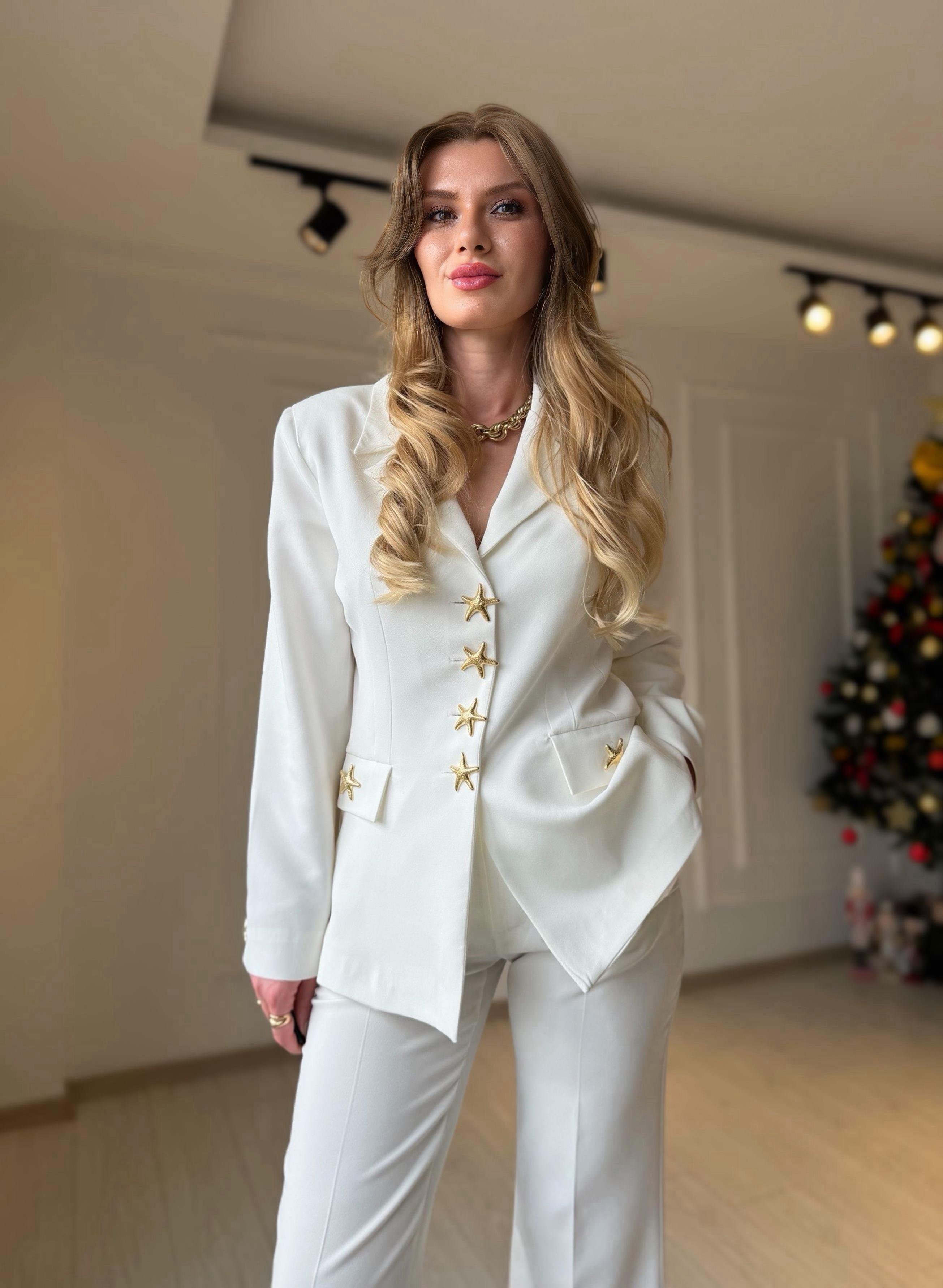 TAKIMGolden Star Ekru Blazer Palazzo Takım