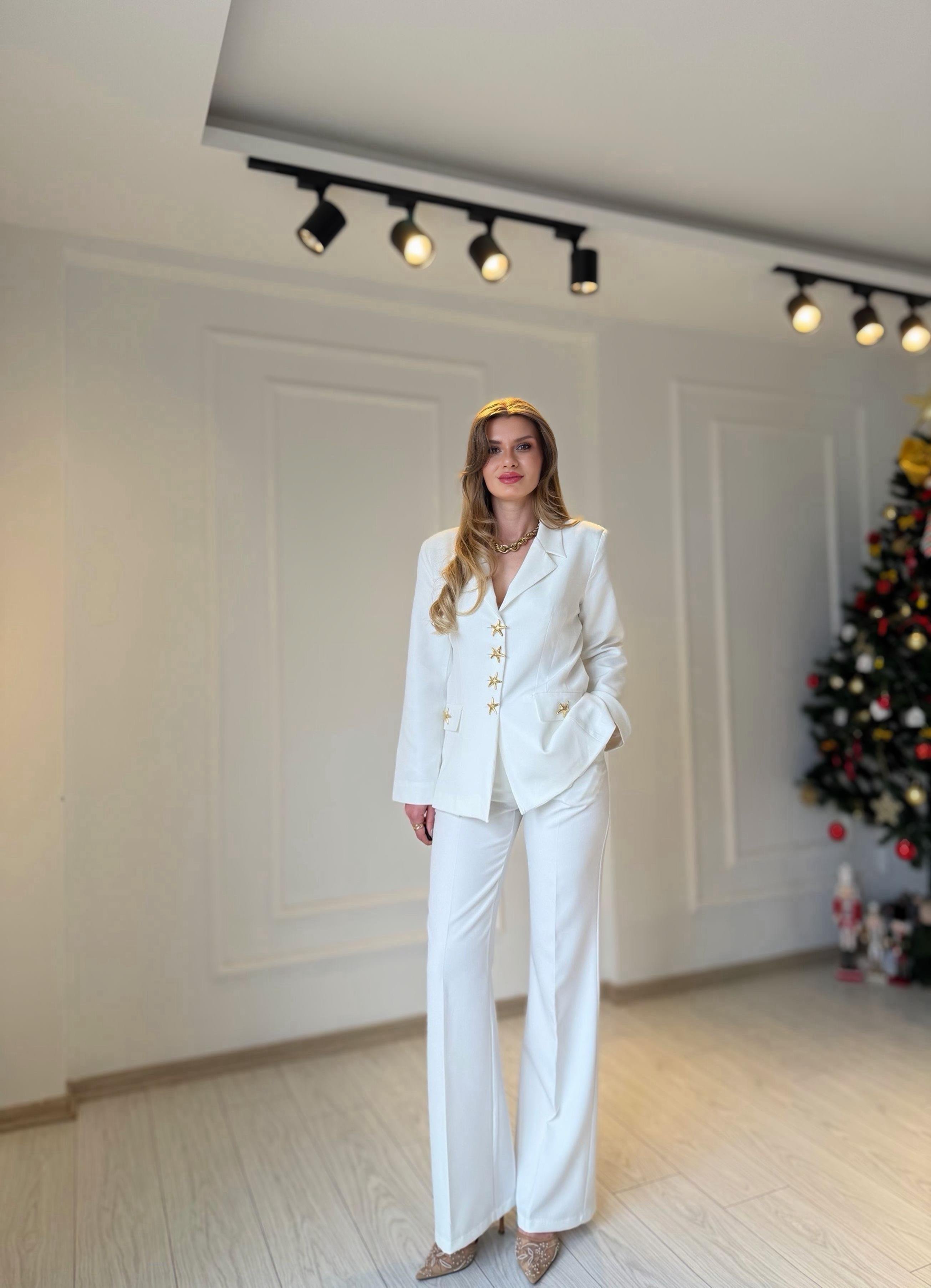 TAKIMGolden Star Ekru Blazer Palazzo Takım