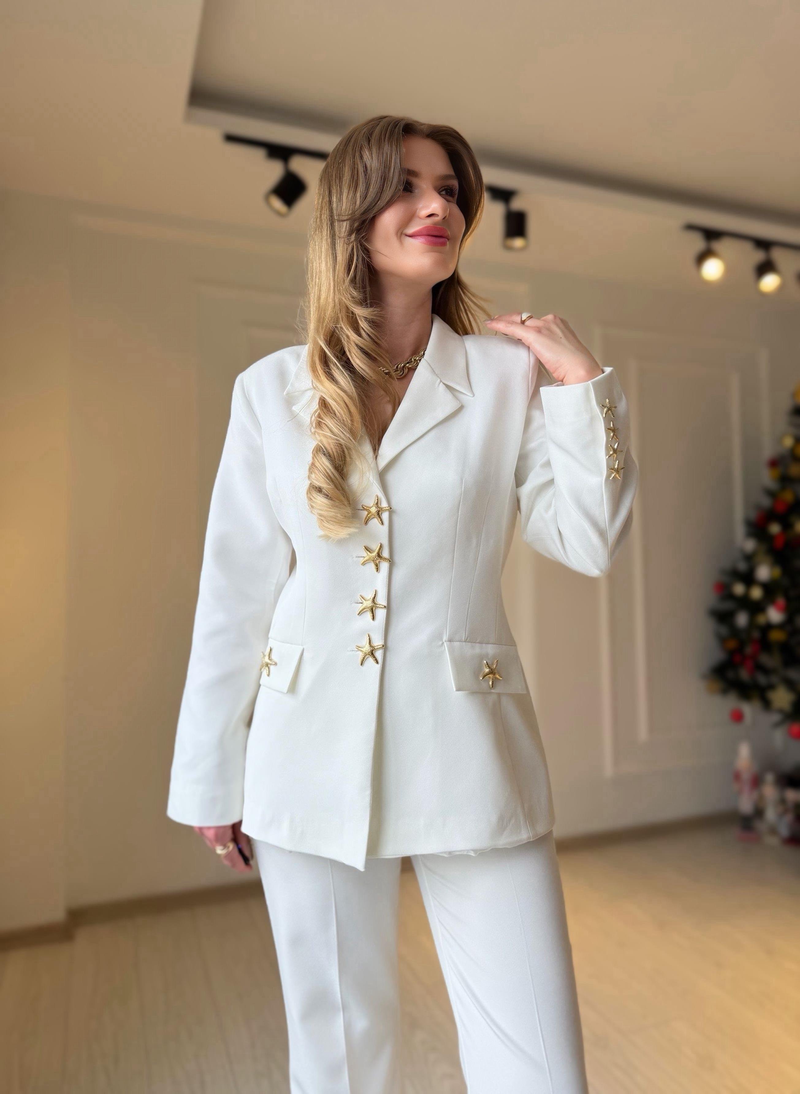 TAKIMGolden Star Ekru Blazer Palazzo Takım