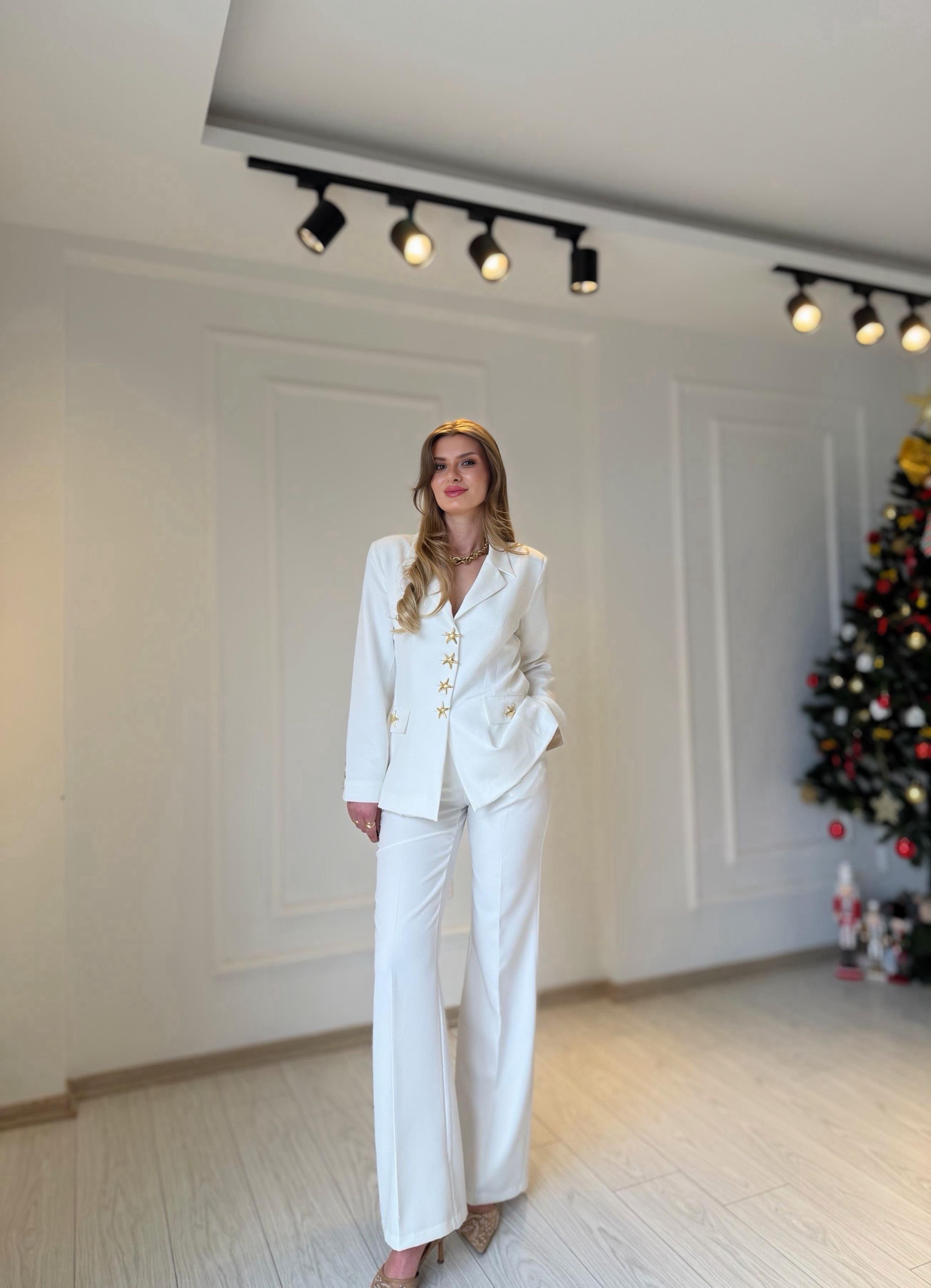 TAKIMGolden Star Ekru Blazer Palazzo Takım