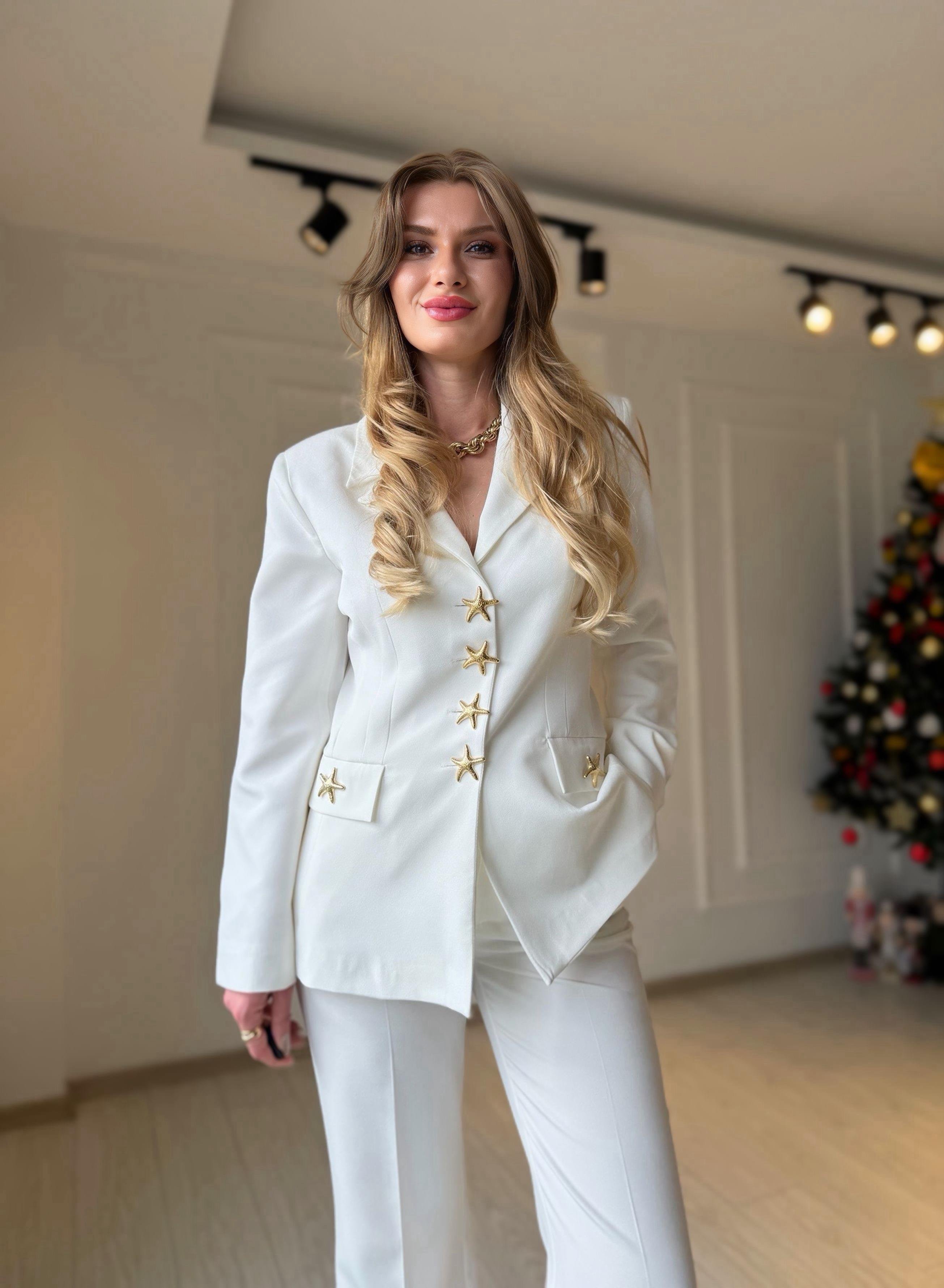 TAKIMGolden Star Ekru Blazer Palazzo Takım
