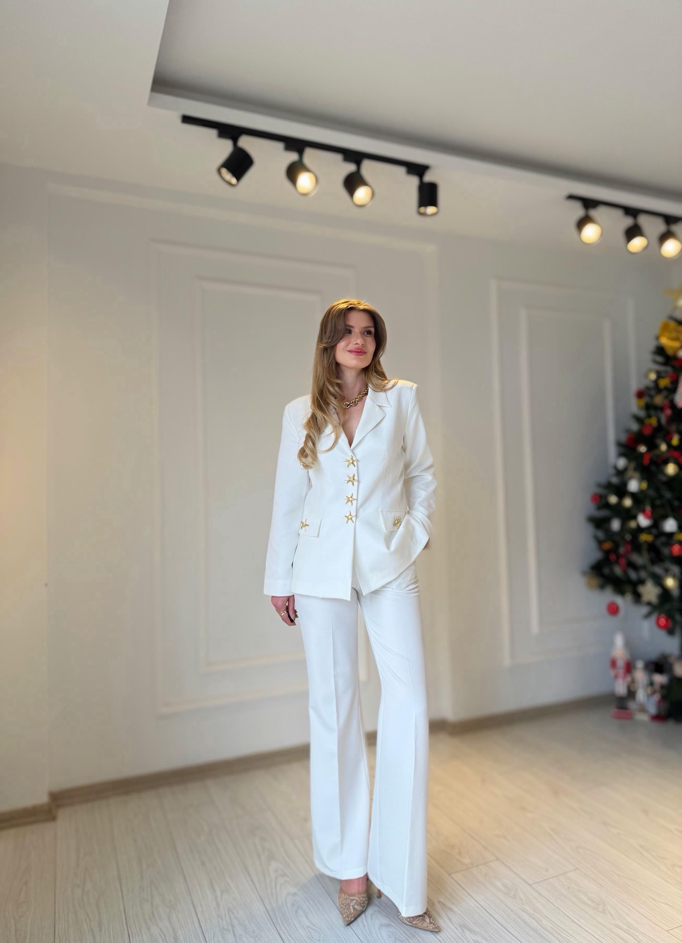 TAKIMGolden Star Ekru Blazer Palazzo Takım