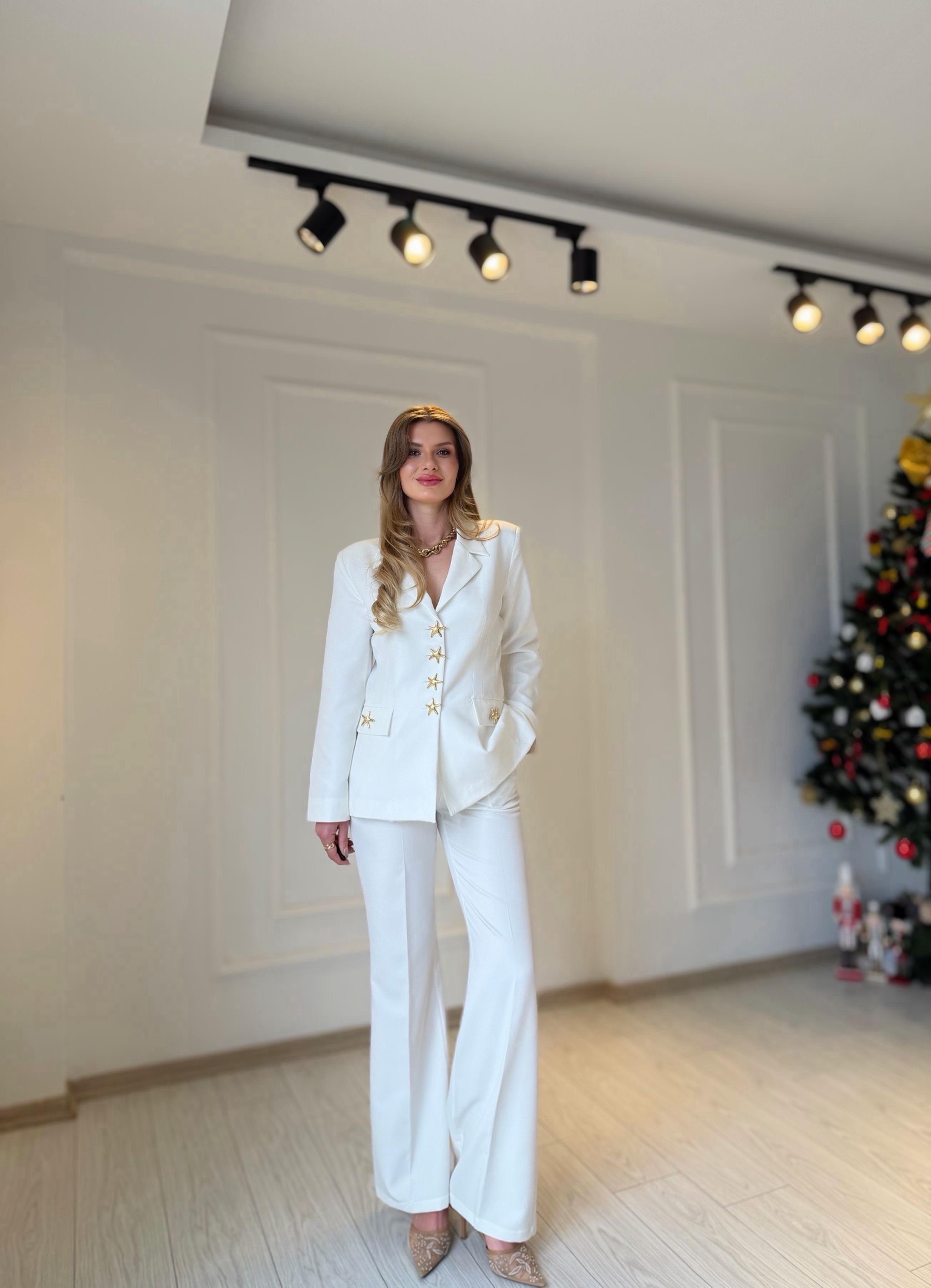 TAKIMGolden Star Ekru Blazer Palazzo Takım
