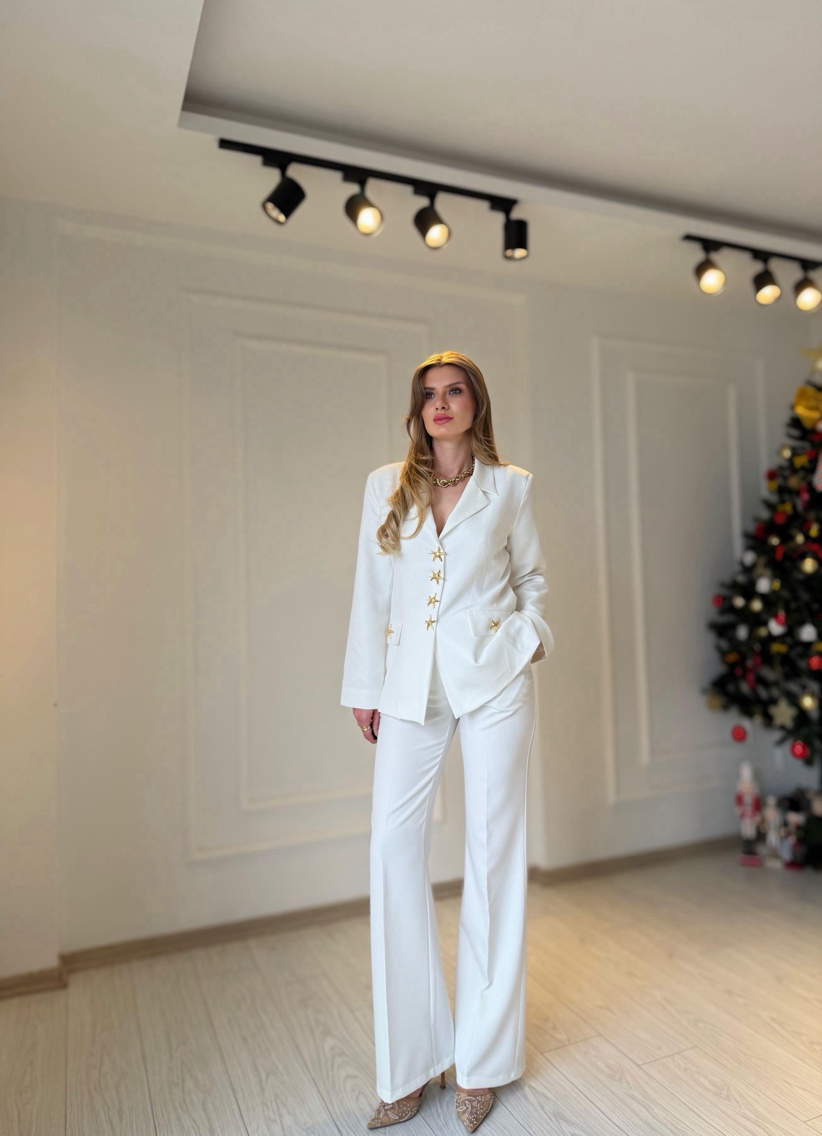 TAKIMGolden Star Ekru Blazer Palazzo Takım