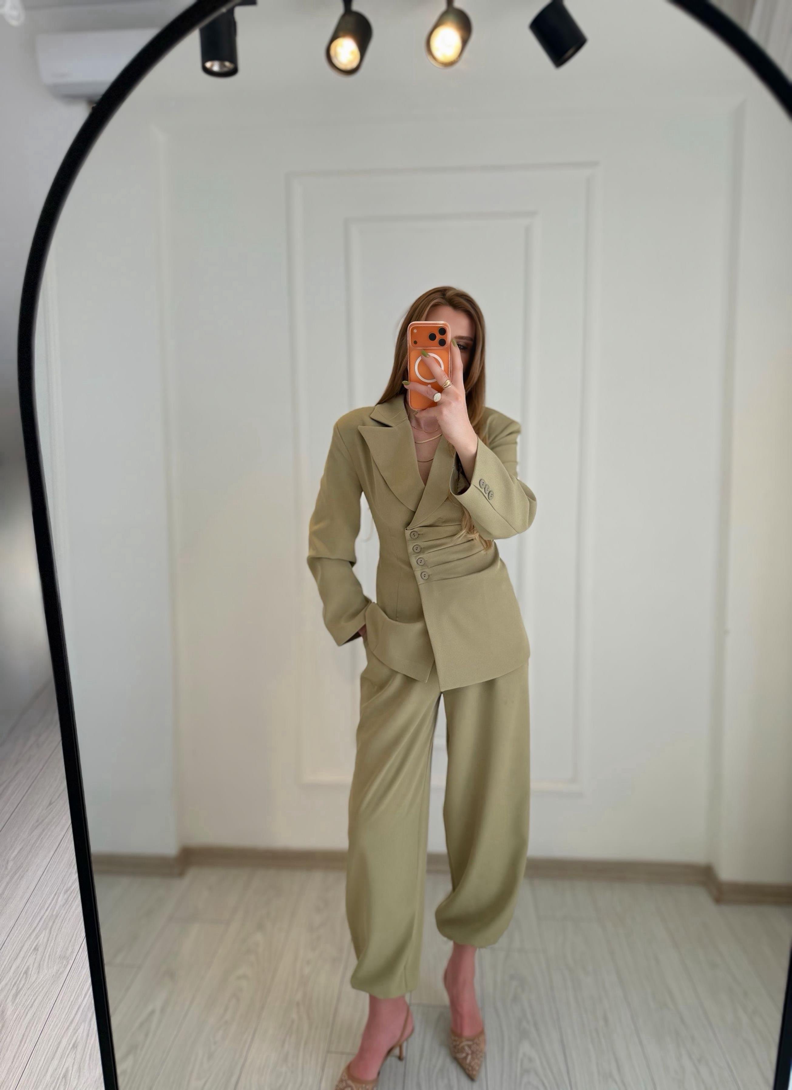 TAKIMHaki Yeşili Drapeli Ceketli Şalvar Pantolon Takım