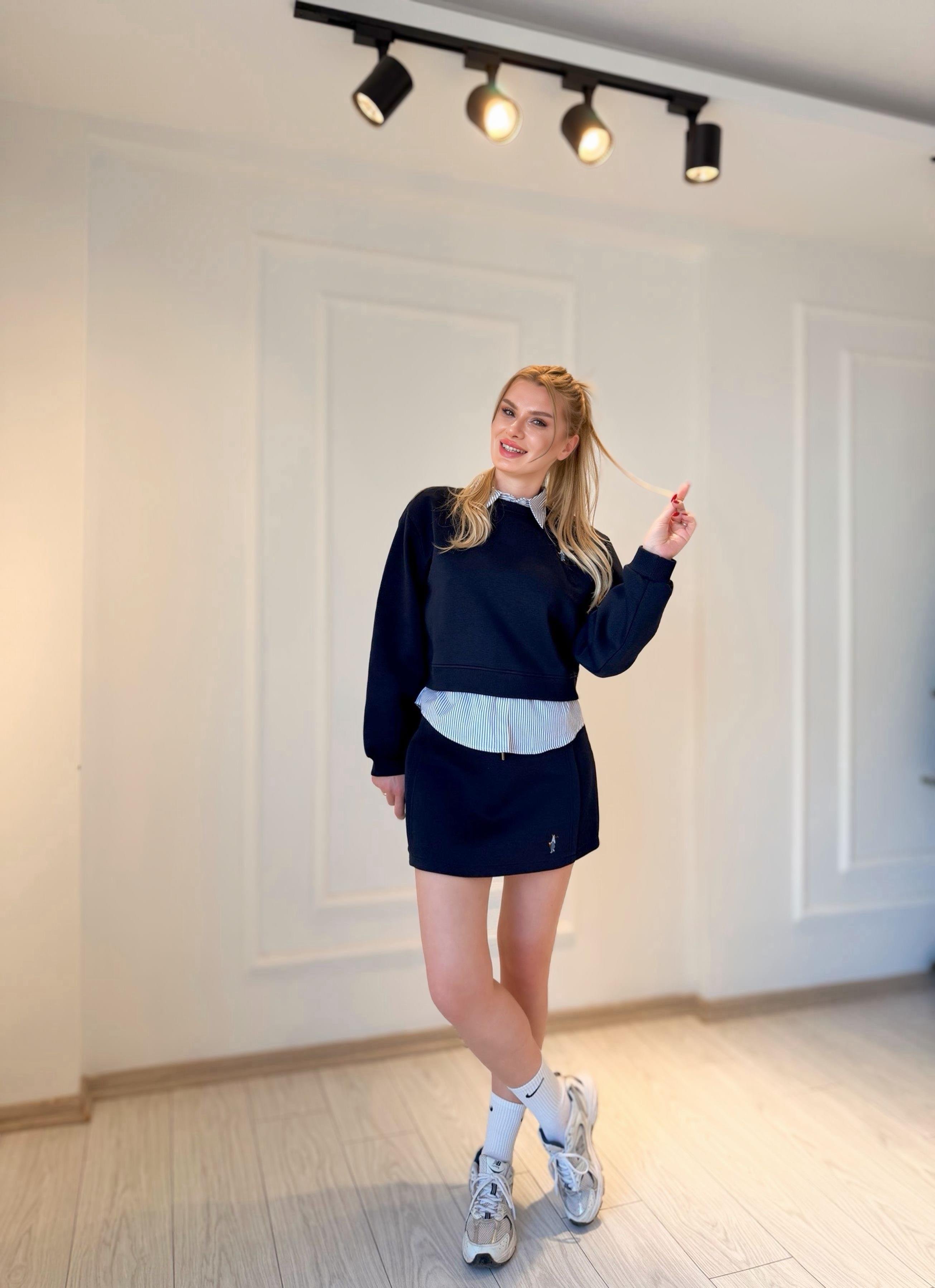 TAKIMHolla Bel Detaylı Gömlek Yaka Sweatshirt Etek Takım – Lacivert