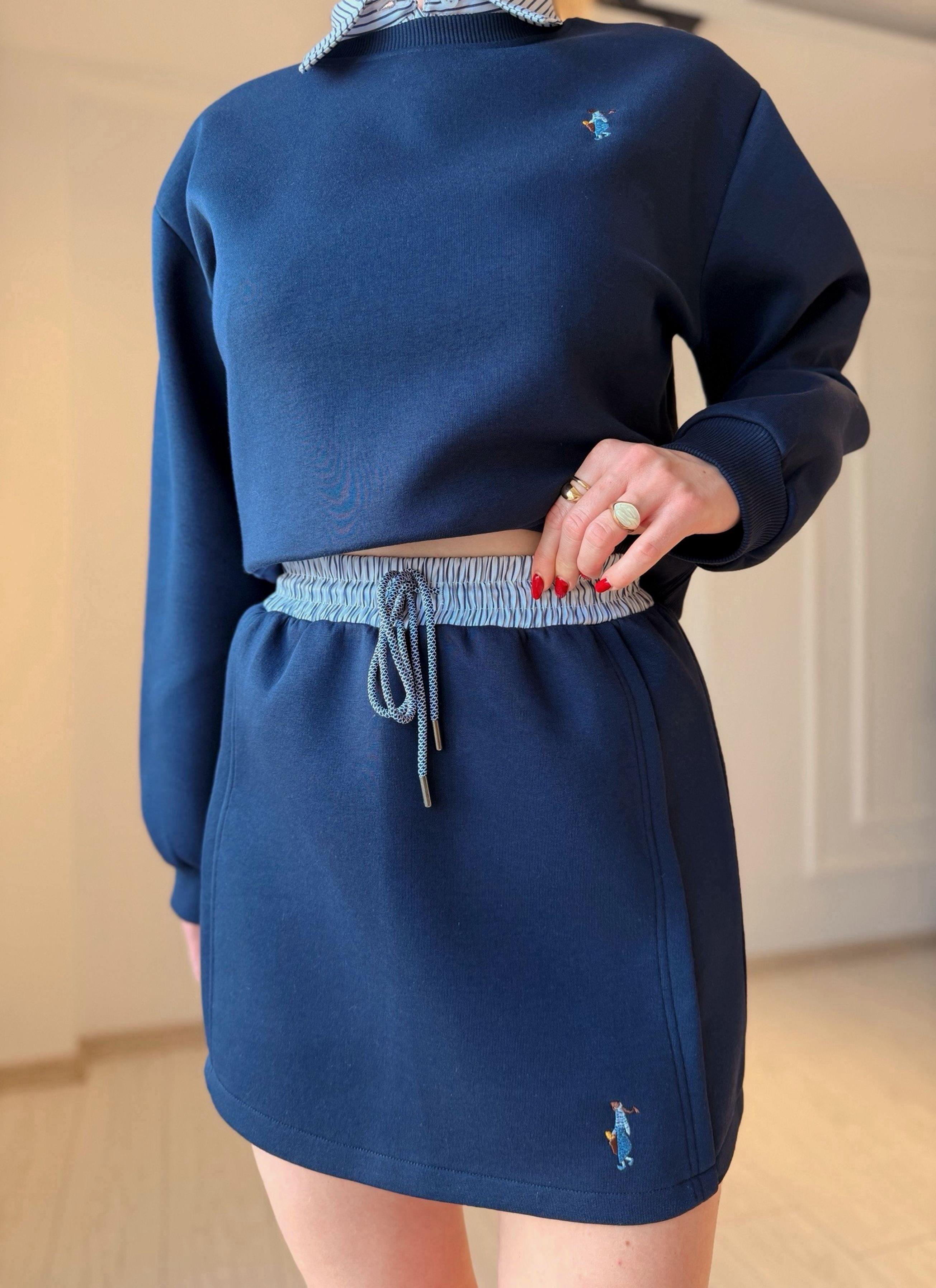 TAKIMHolla Bel Detaylı Gömlek Yaka Sweatshirt Etek Takım – Lacivert