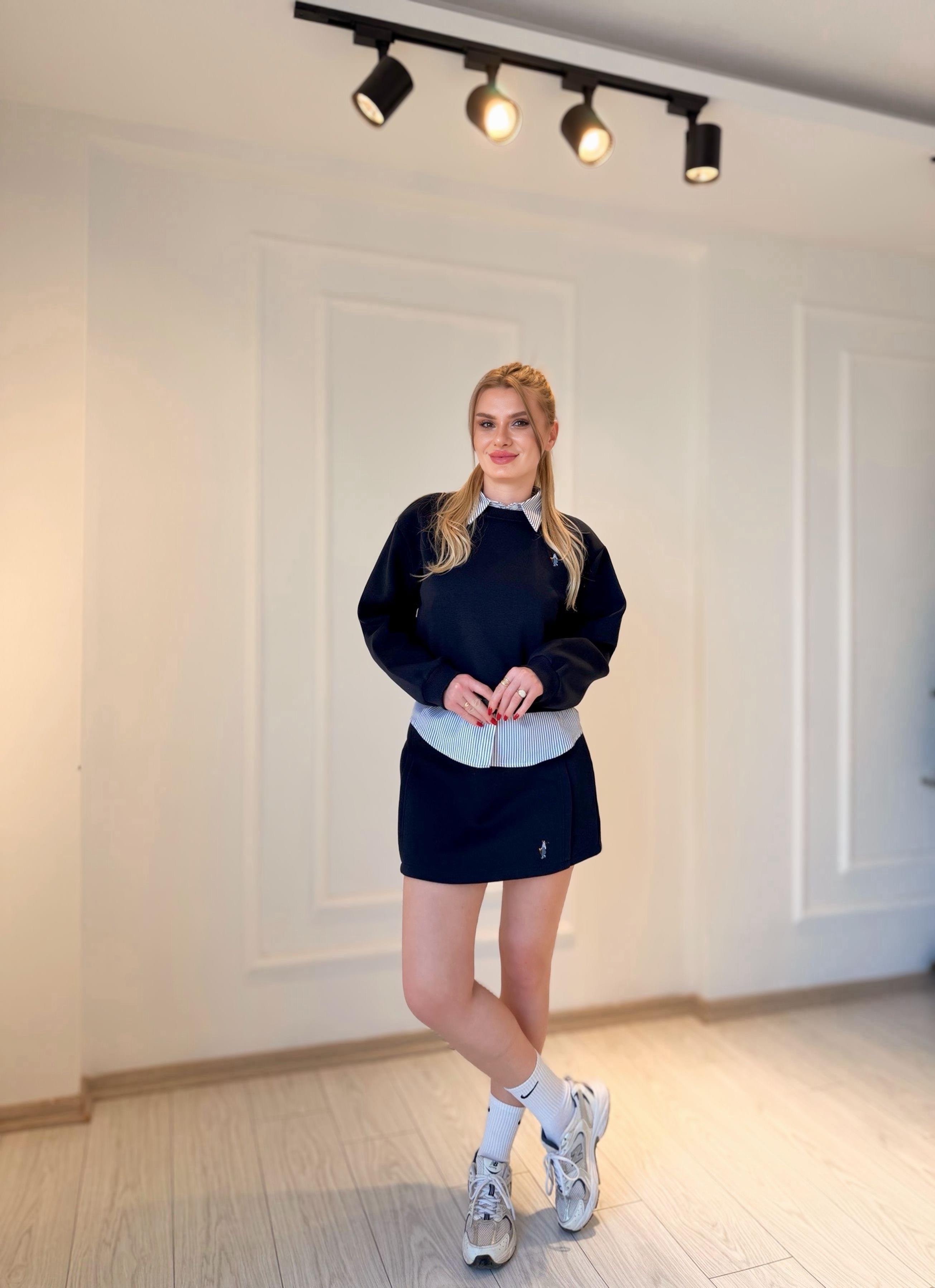 TAKIMHolla Bel Detaylı Gömlek Yaka Sweatshirt Etek Takım – Lacivert