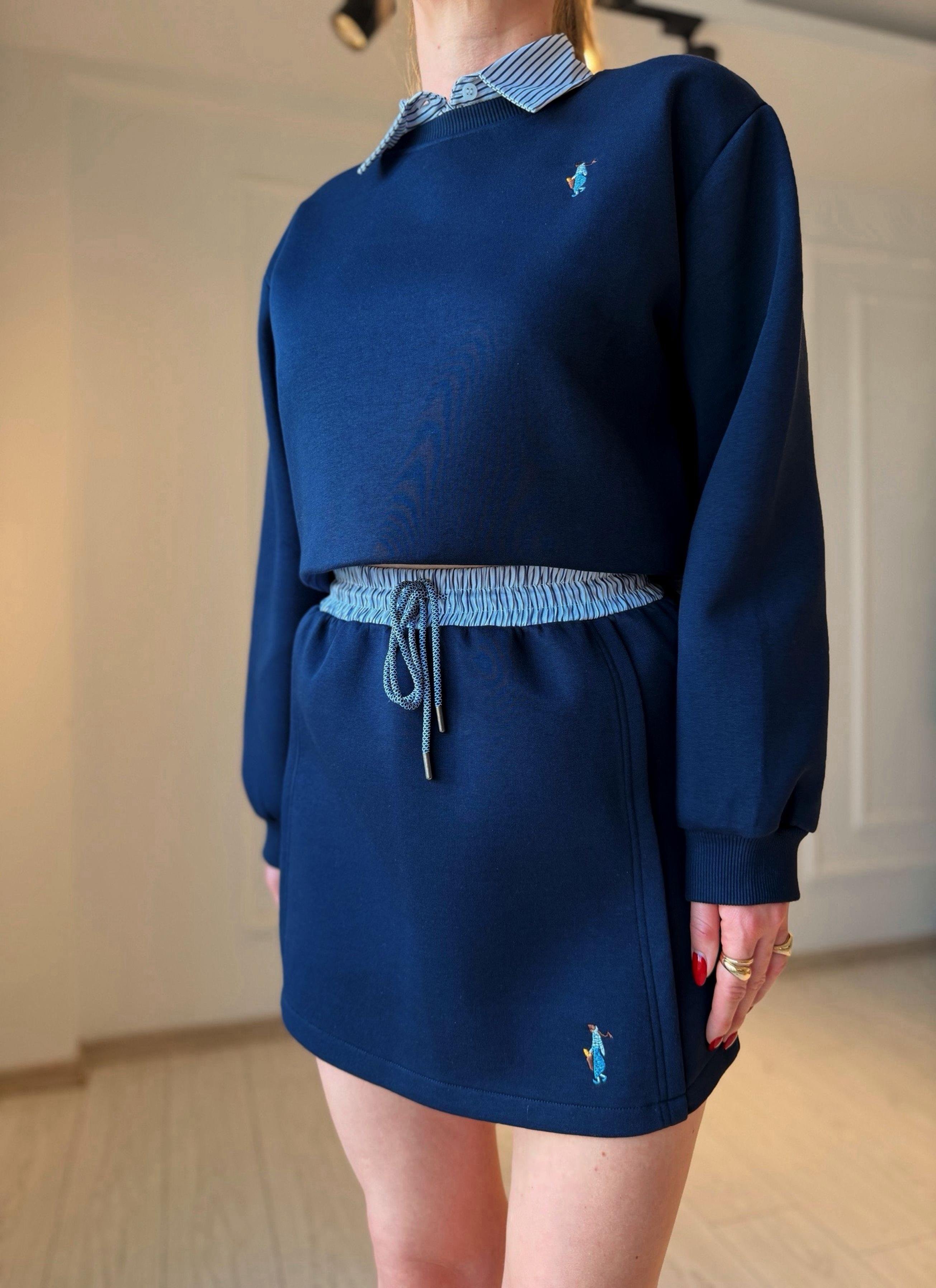 TAKIMHolla Bel Detaylı Gömlek Yaka Sweatshirt Etek Takım – Lacivert