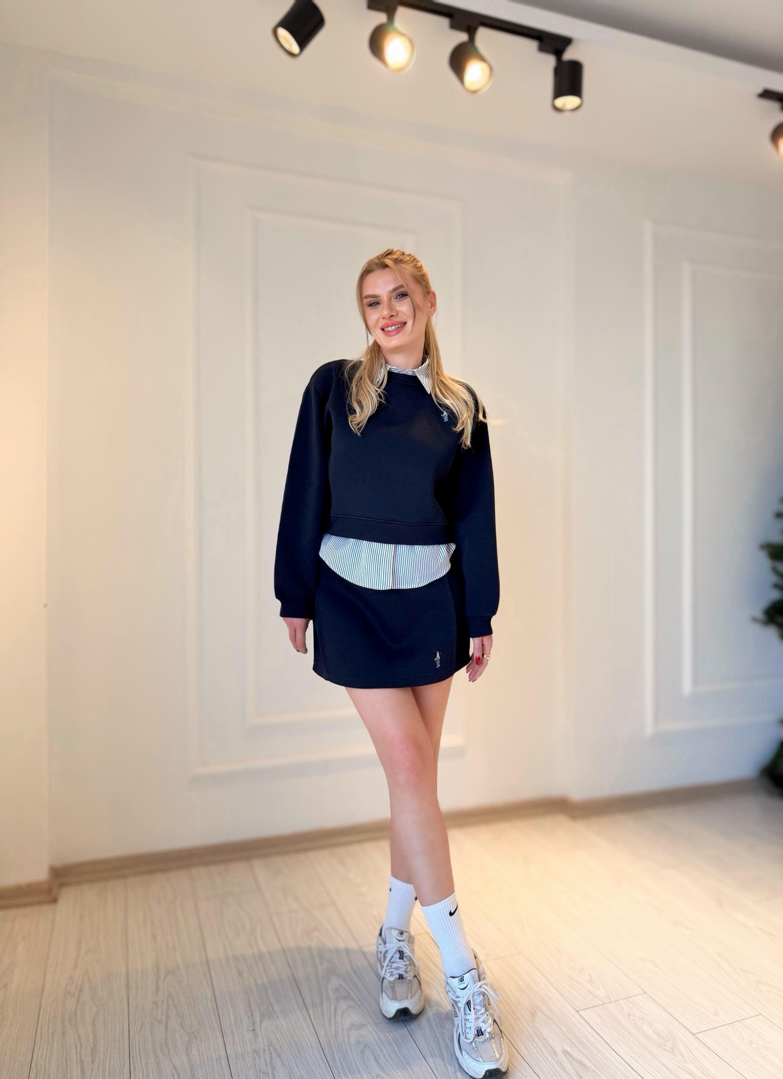 TAKIMHolla Bel Detaylı Gömlek Yaka Sweatshirt Etek Takım – Lacivert