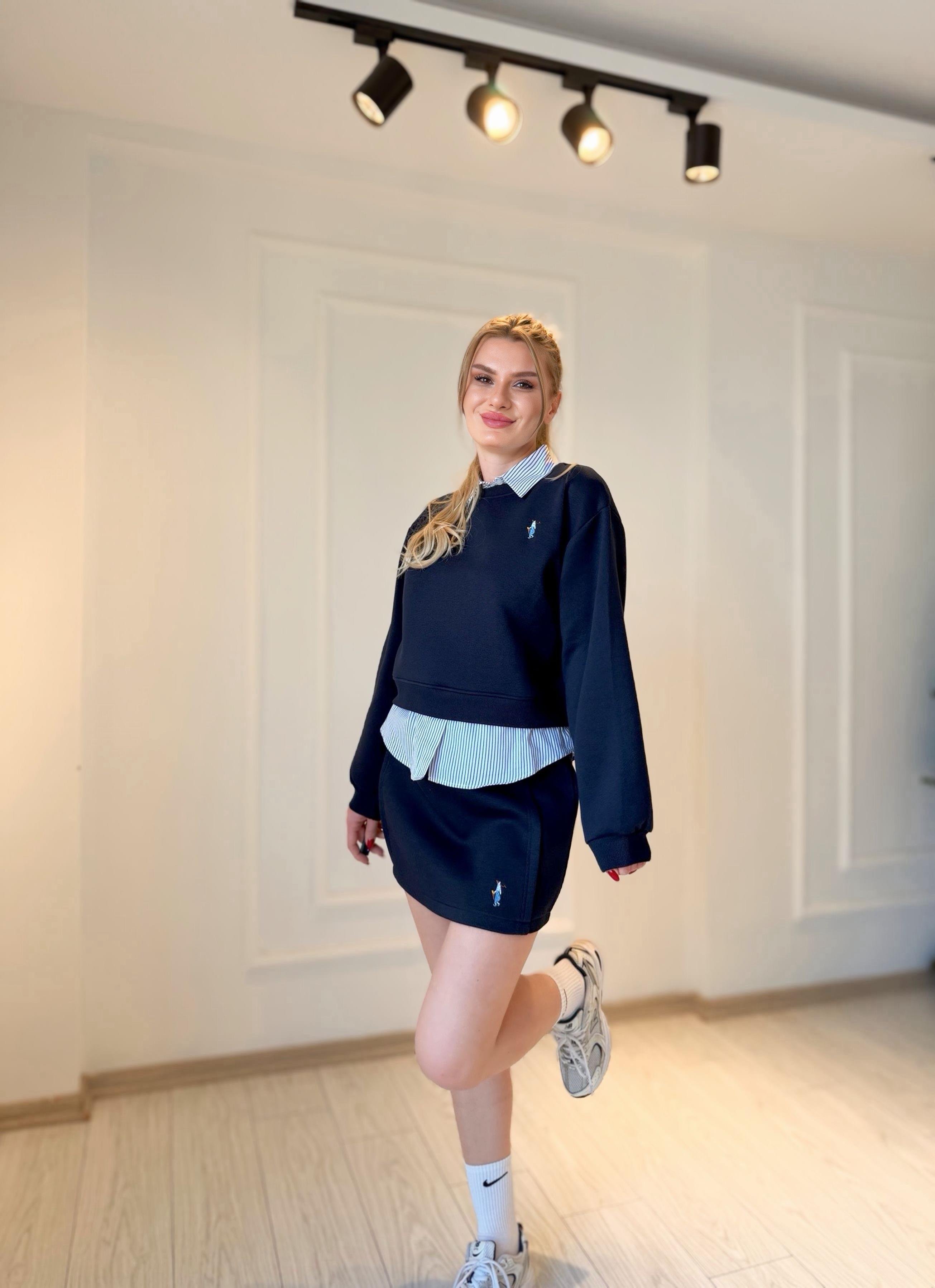 TAKIMHolla Bel Detaylı Gömlek Yaka Sweatshirt Etek Takım – Lacivert