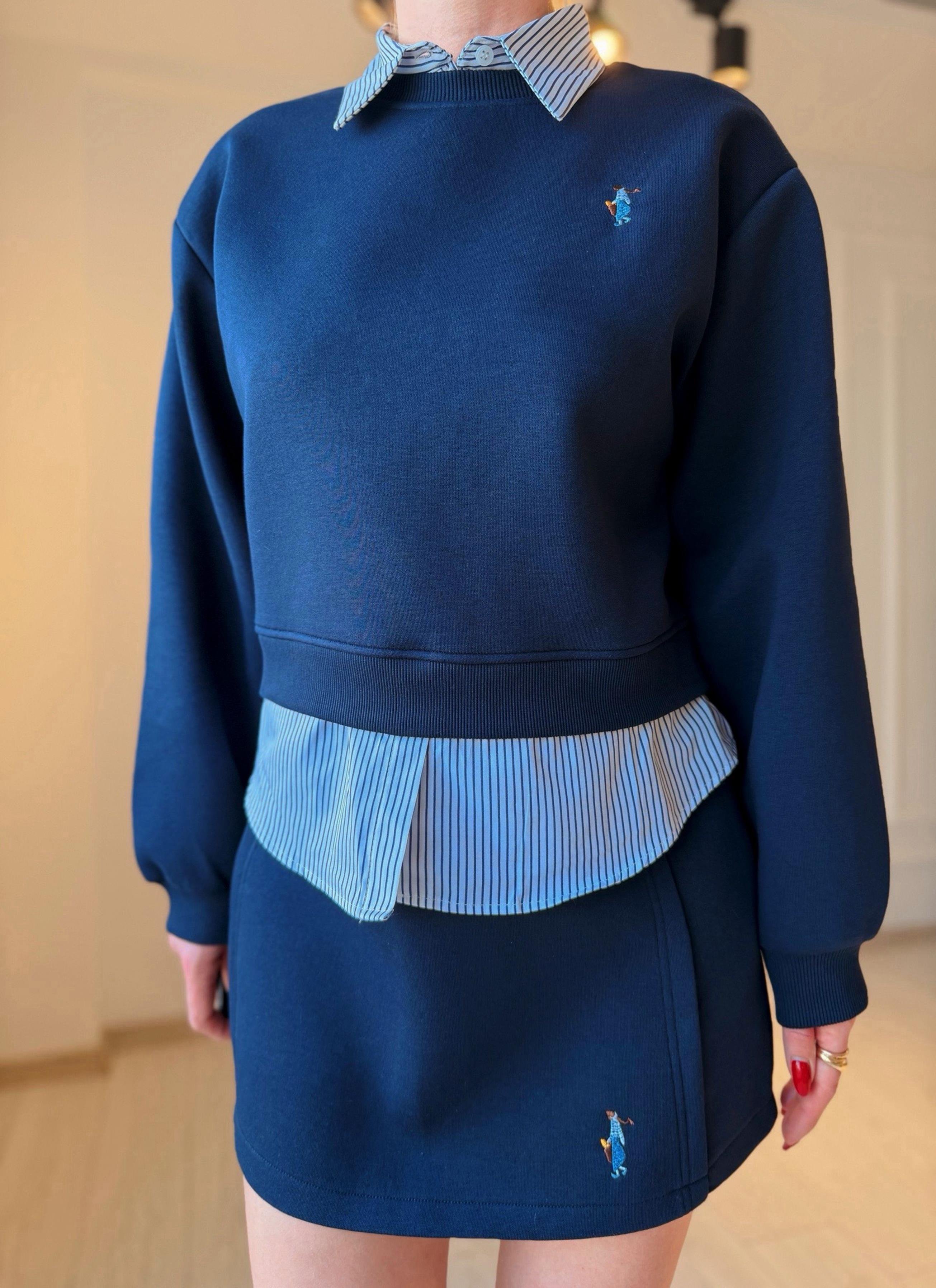 TAKIMHolla Bel Detaylı Gömlek Yaka Sweatshirt Etek Takım – Lacivert