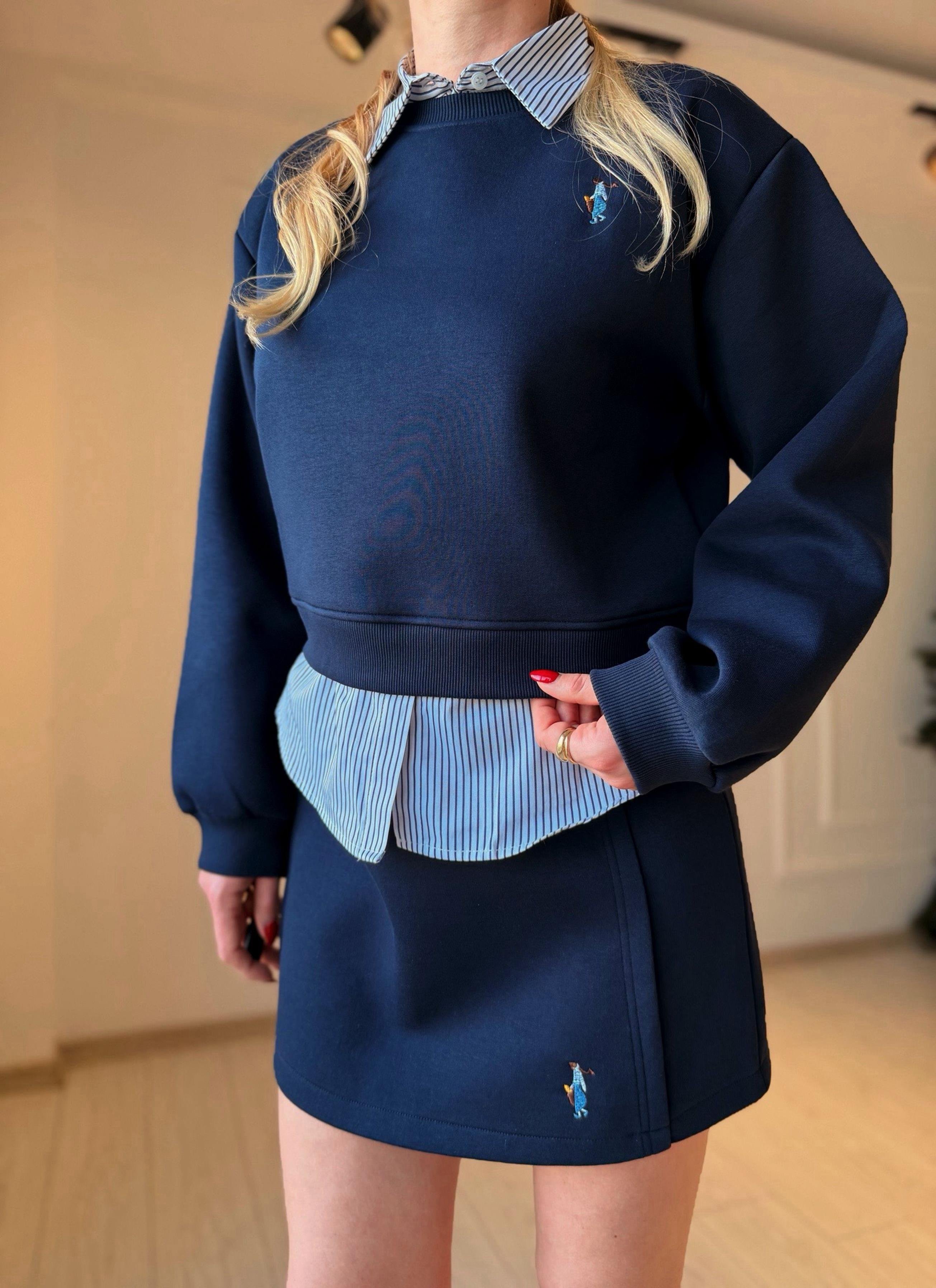 TAKIMHolla Bel Detaylı Gömlek Yaka Sweatshirt Etek Takım – Lacivert