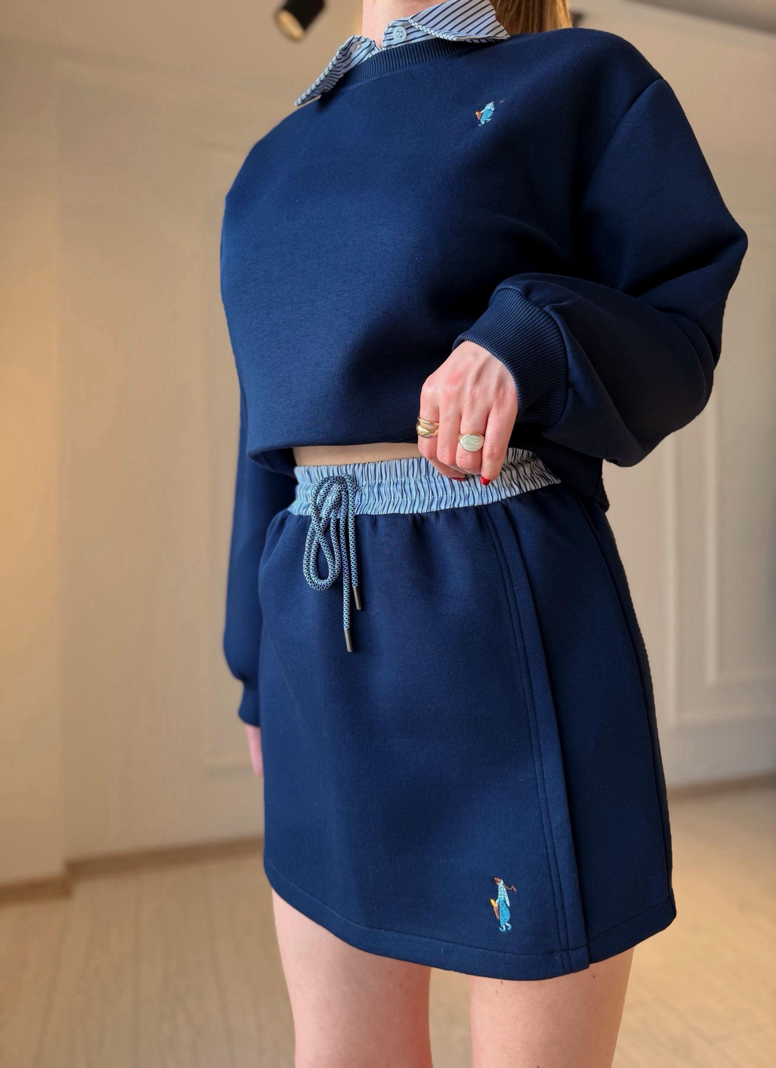 TAKIMHolla Bel Detaylı Gömlek Yaka Sweatshirt Etek Takım – Lacivert