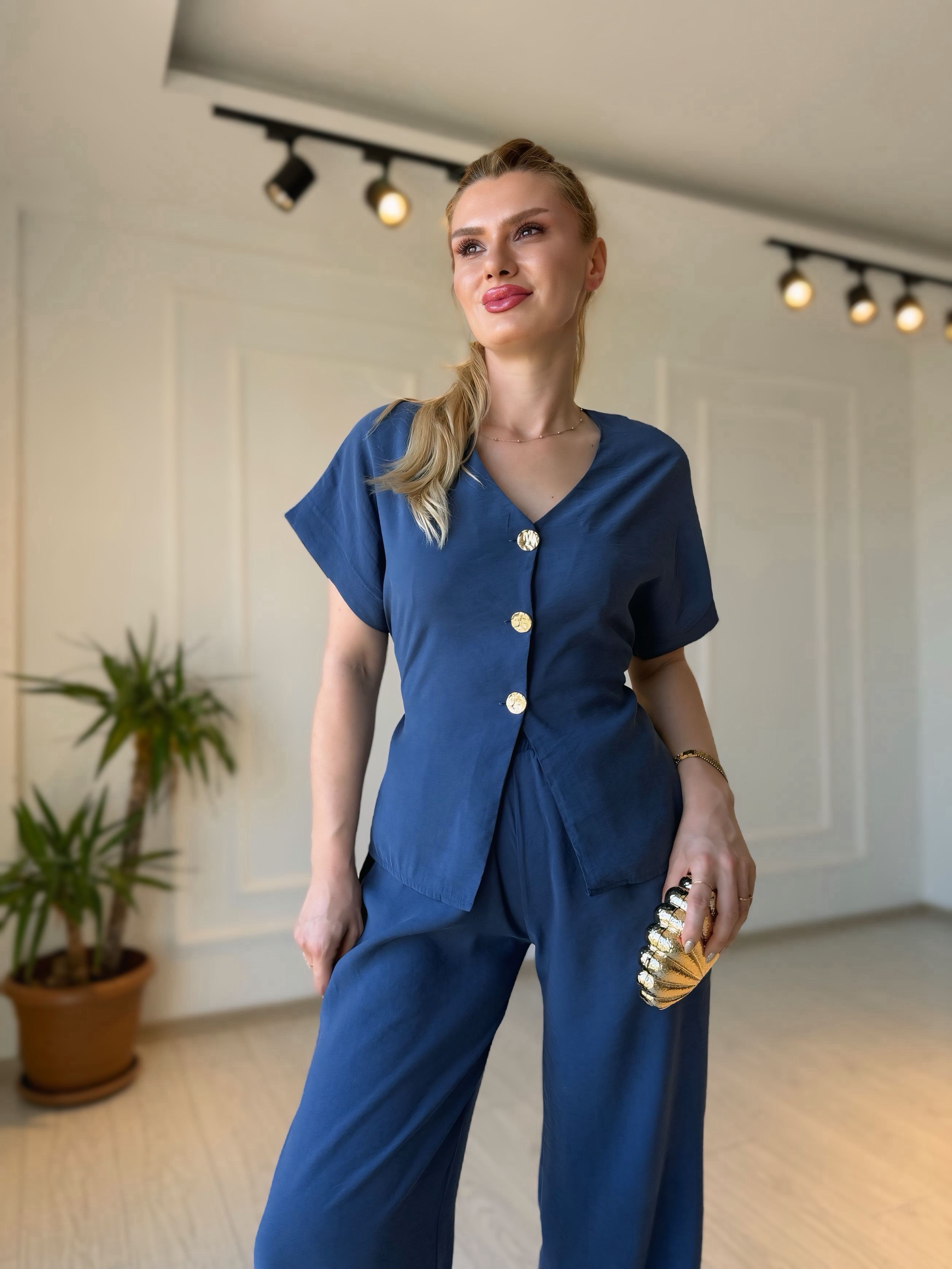TAKIMİndigo Tensel Düğme & Kuşak Detaylı Yelek Pantolon Takım