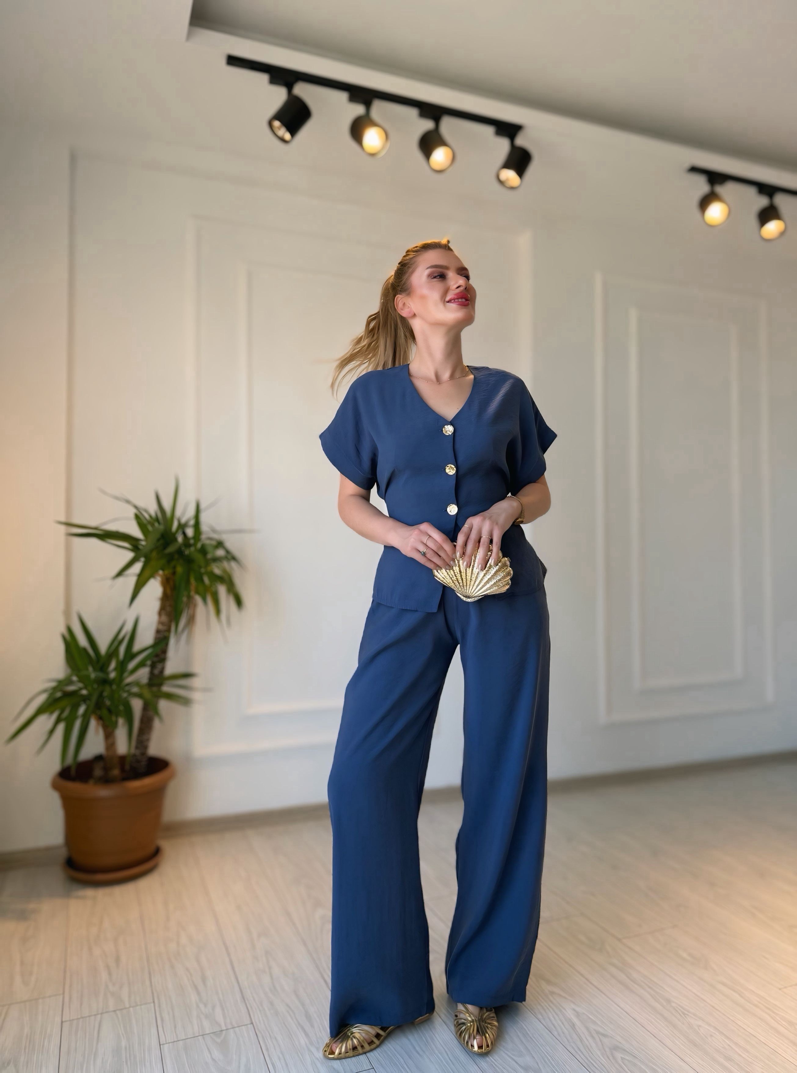 TAKIMİndigo Tensel Düğme & Kuşak Detaylı Yelek Pantolon Takım