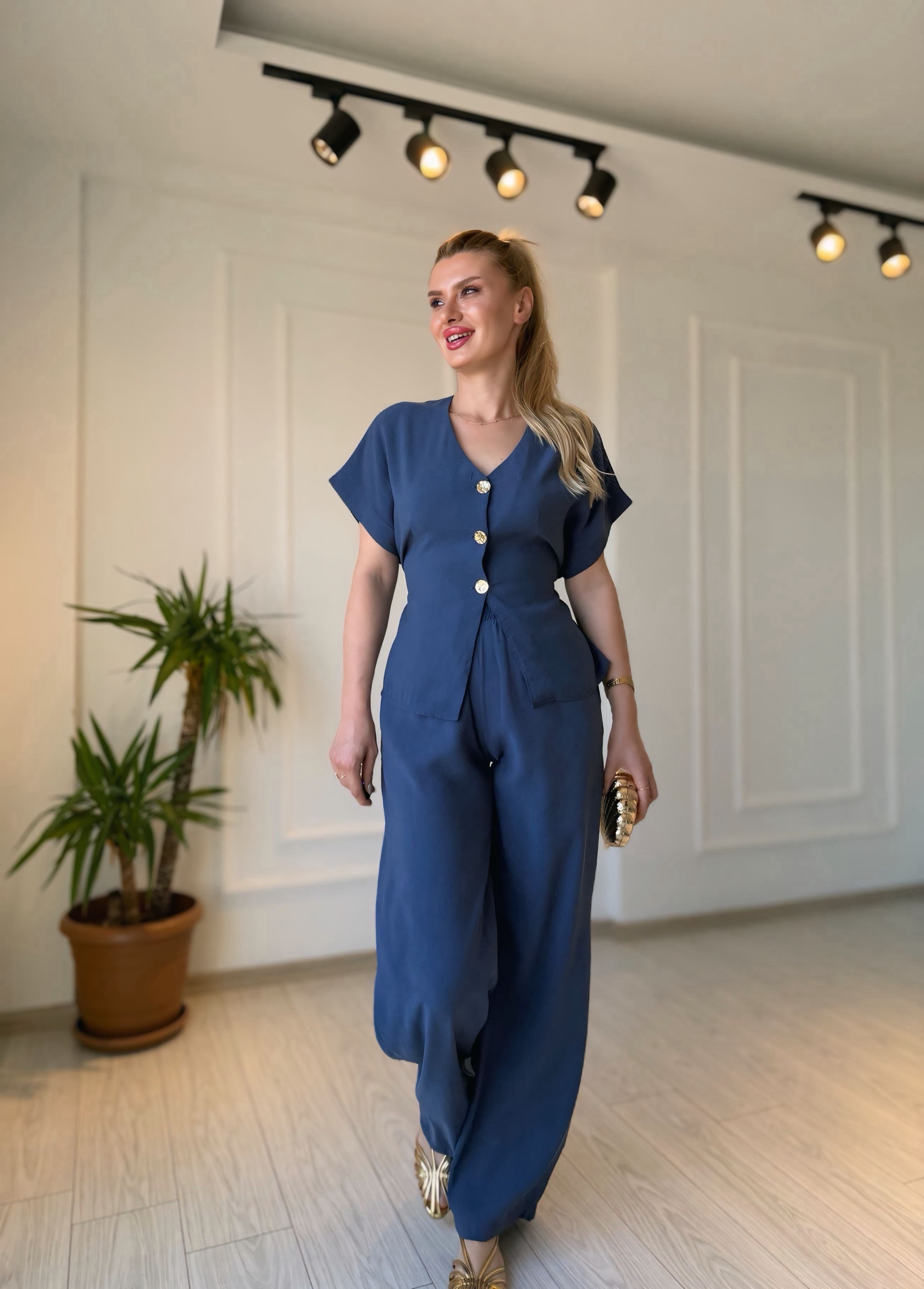 TAKIMİndigo Tensel Düğme & Kuşak Detaylı Yelek Pantolon Takım