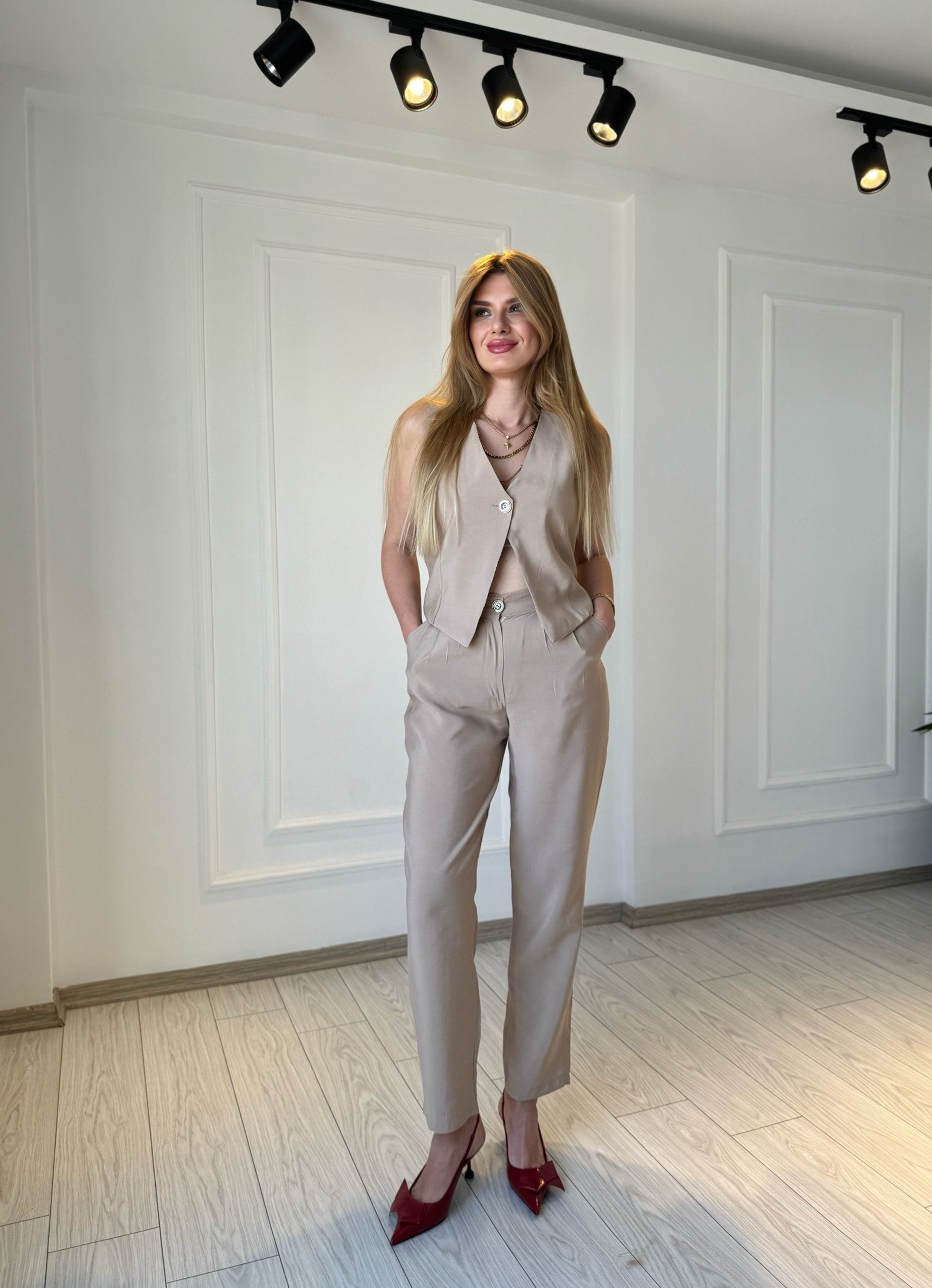 TAKIMİris Tensel Kumaş Yelek Pantolon Takım - Bej