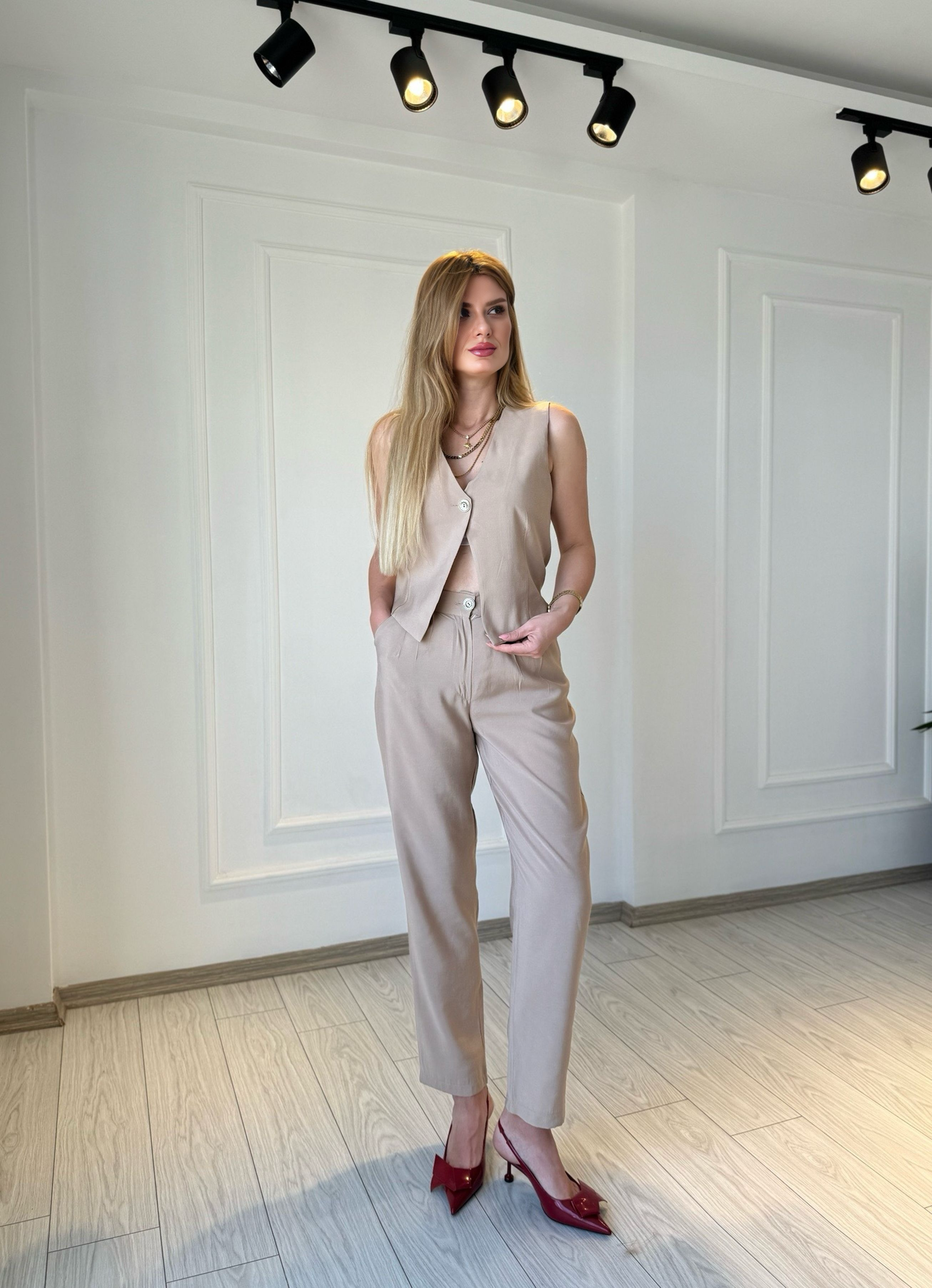 TAKIMİris Tensel Kumaş Yelek Pantolon Takım - Bej