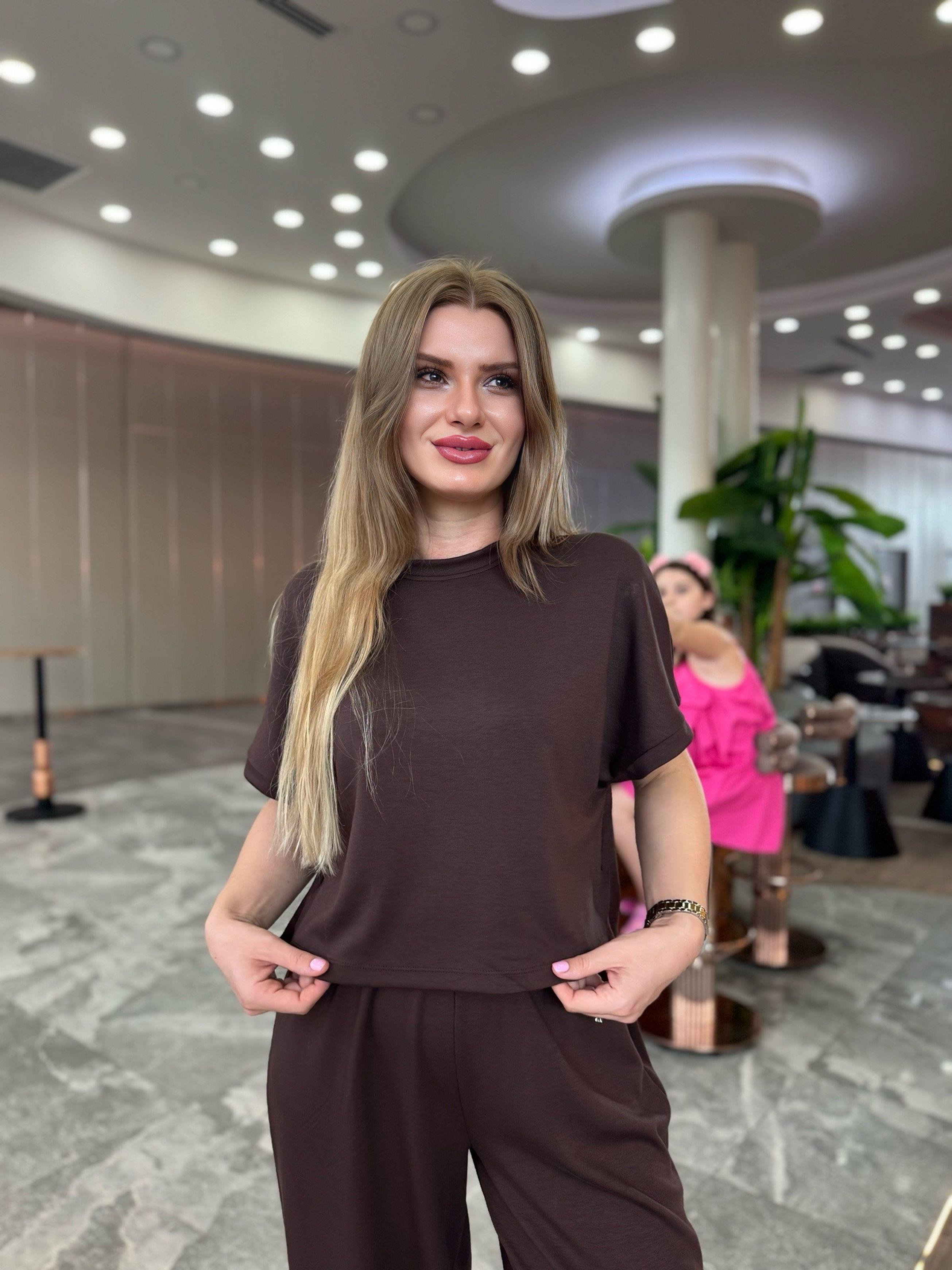 TAKIMİthal Oysh Kumaş Pantolon Tshirt Takım - Acı Kahve