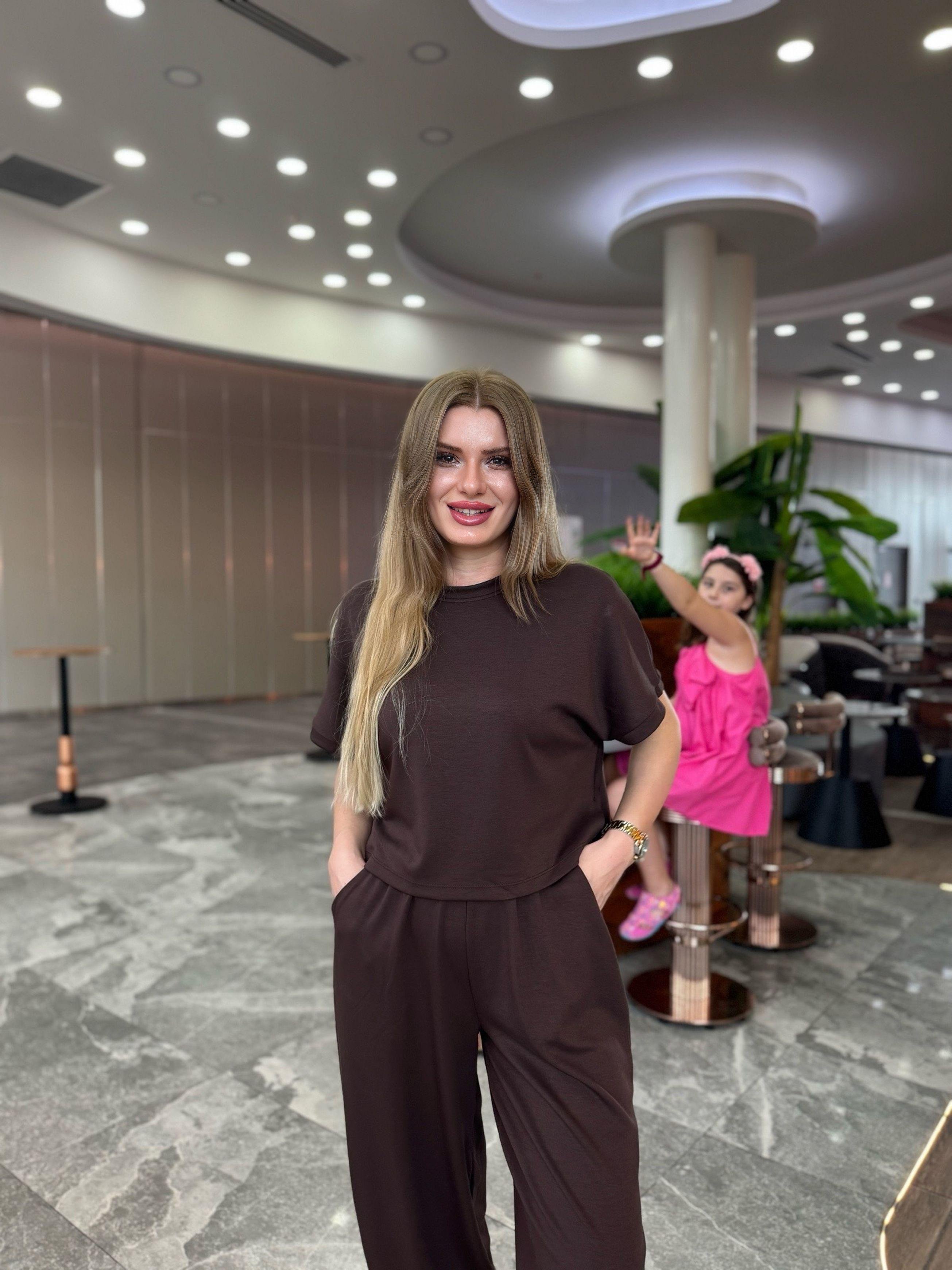 TAKIMİthal Oysh Kumaş Pantolon Tshirt Takım - Acı Kahve