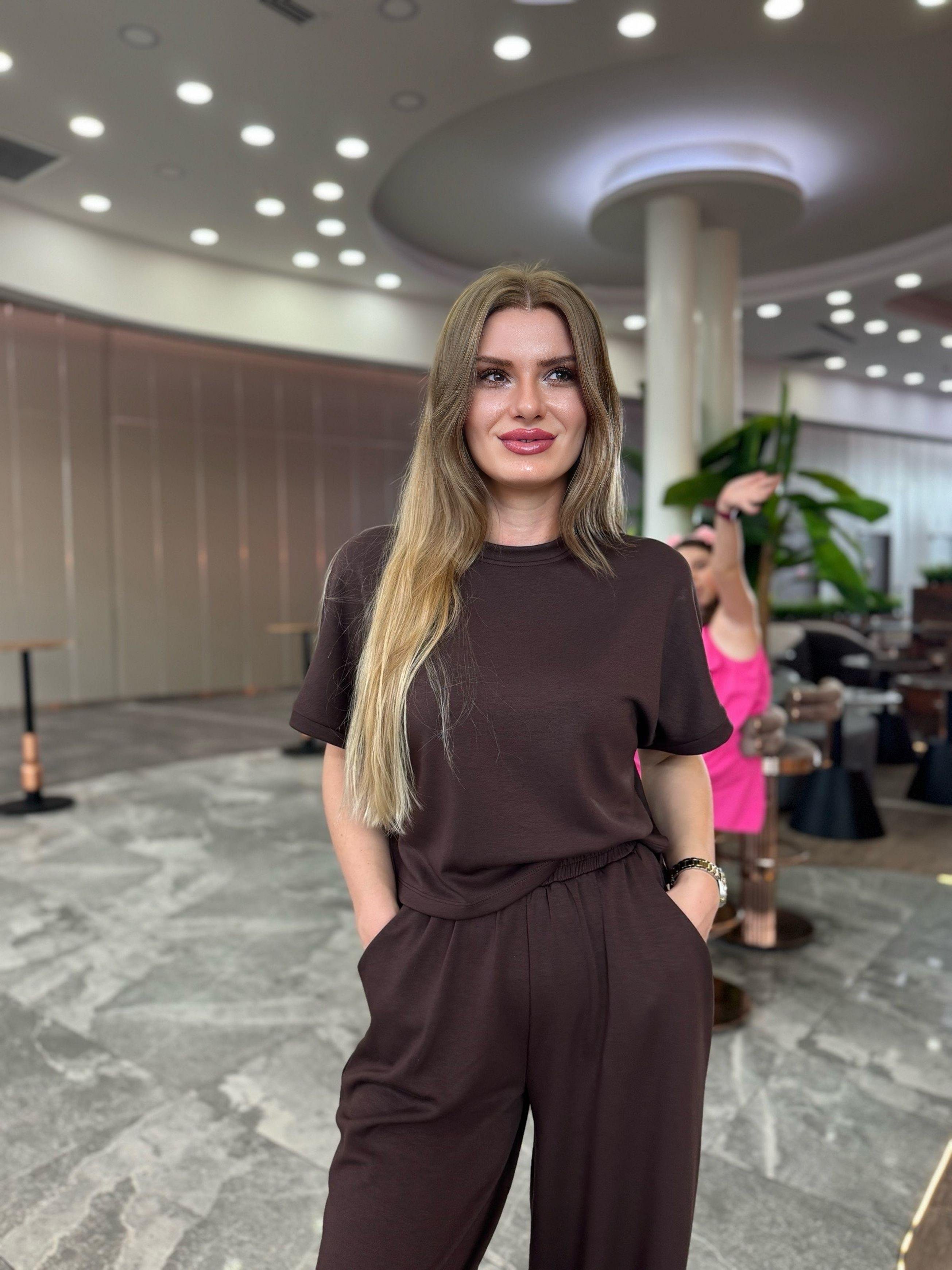 TAKIMİthal Oysh Kumaş Pantolon Tshirt Takım - Acı Kahve