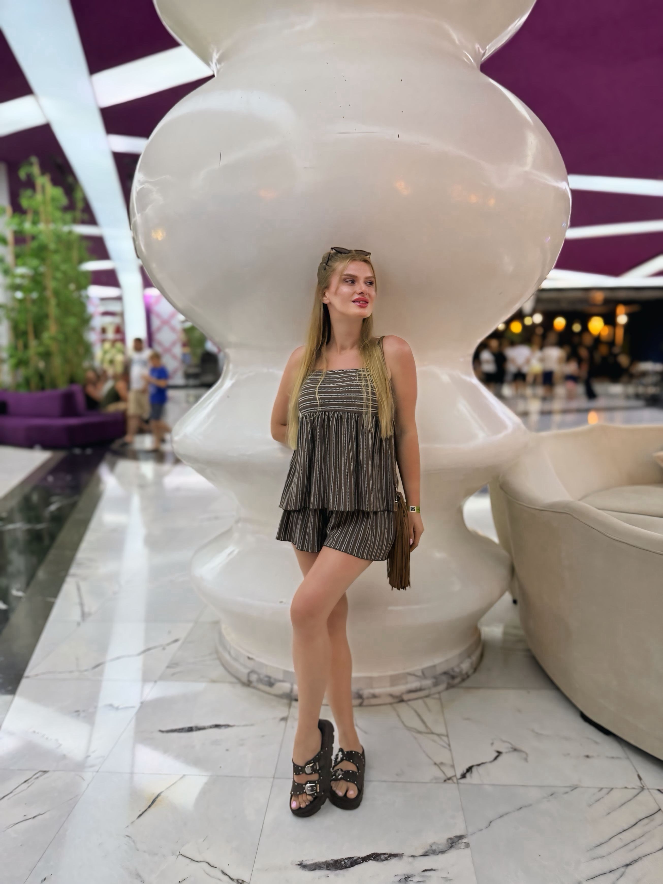 TAKIMKahve Dikey Çizgili Örme Bluz Şort Takım 