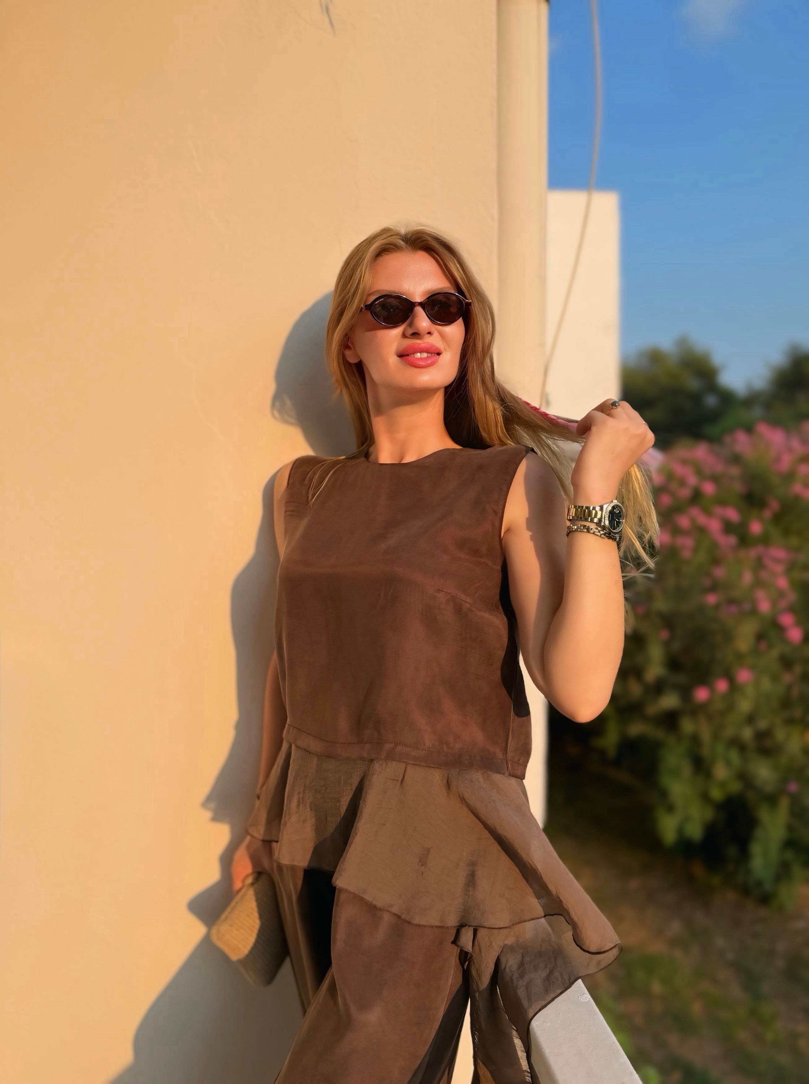 TAKIMKahve Garnili Bluz Pantolon Takım