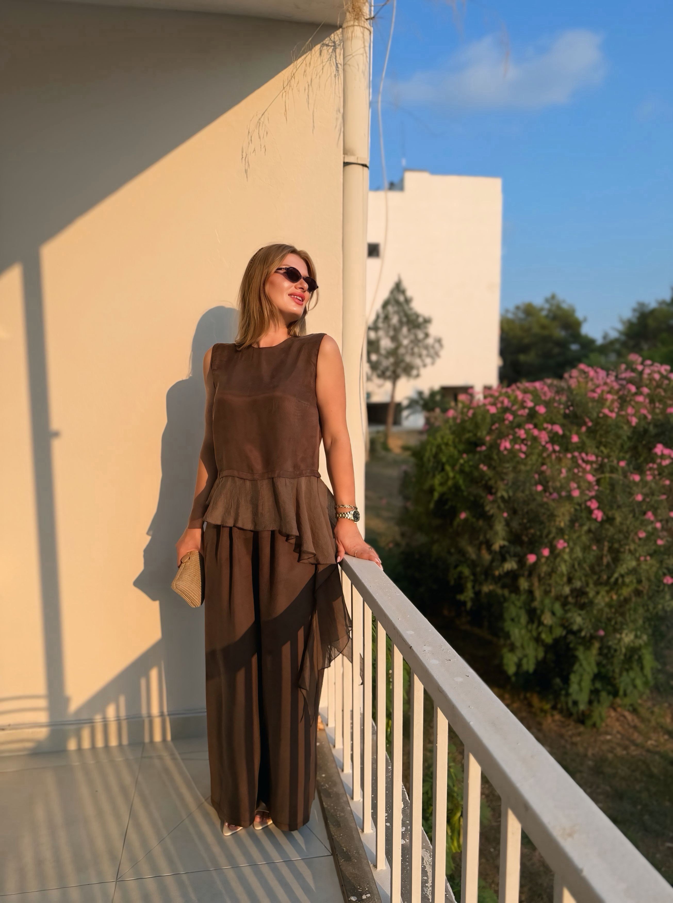 TAKIMKahve Garnili Bluz Pantolon Takım