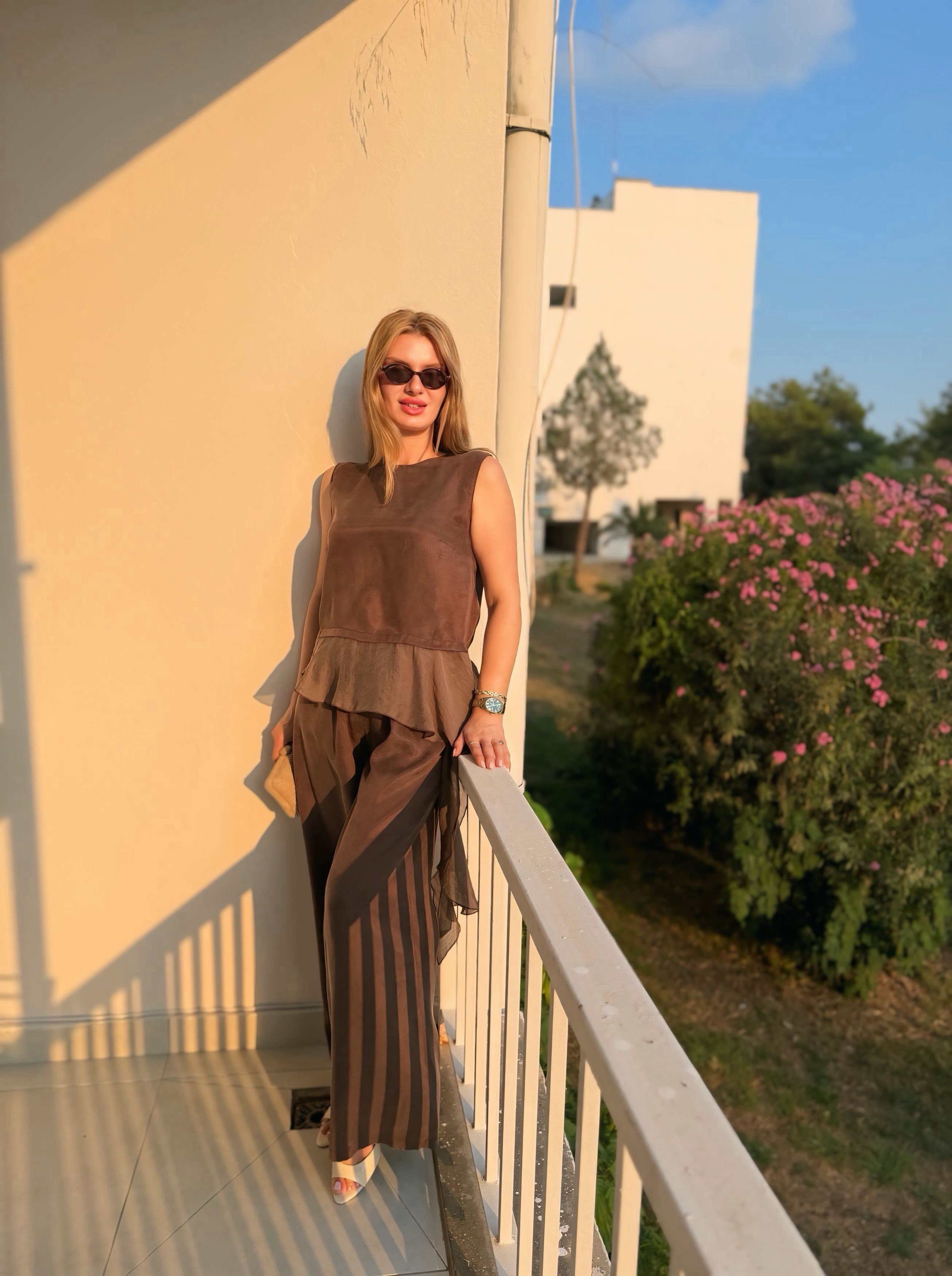 TAKIMKahve Garnili Bluz Pantolon Takım