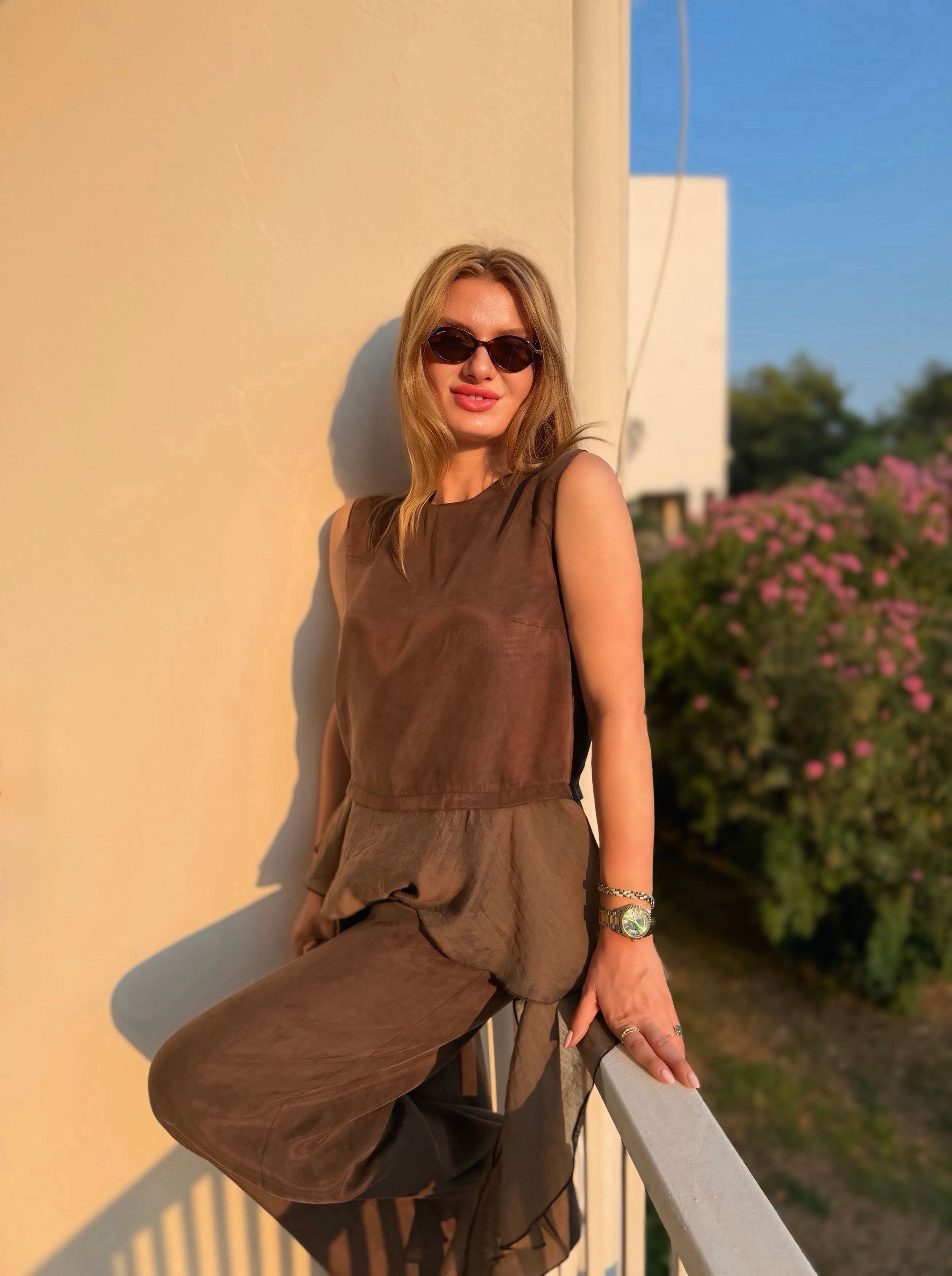 TAKIMKahve Garnili Bluz Pantolon Takım