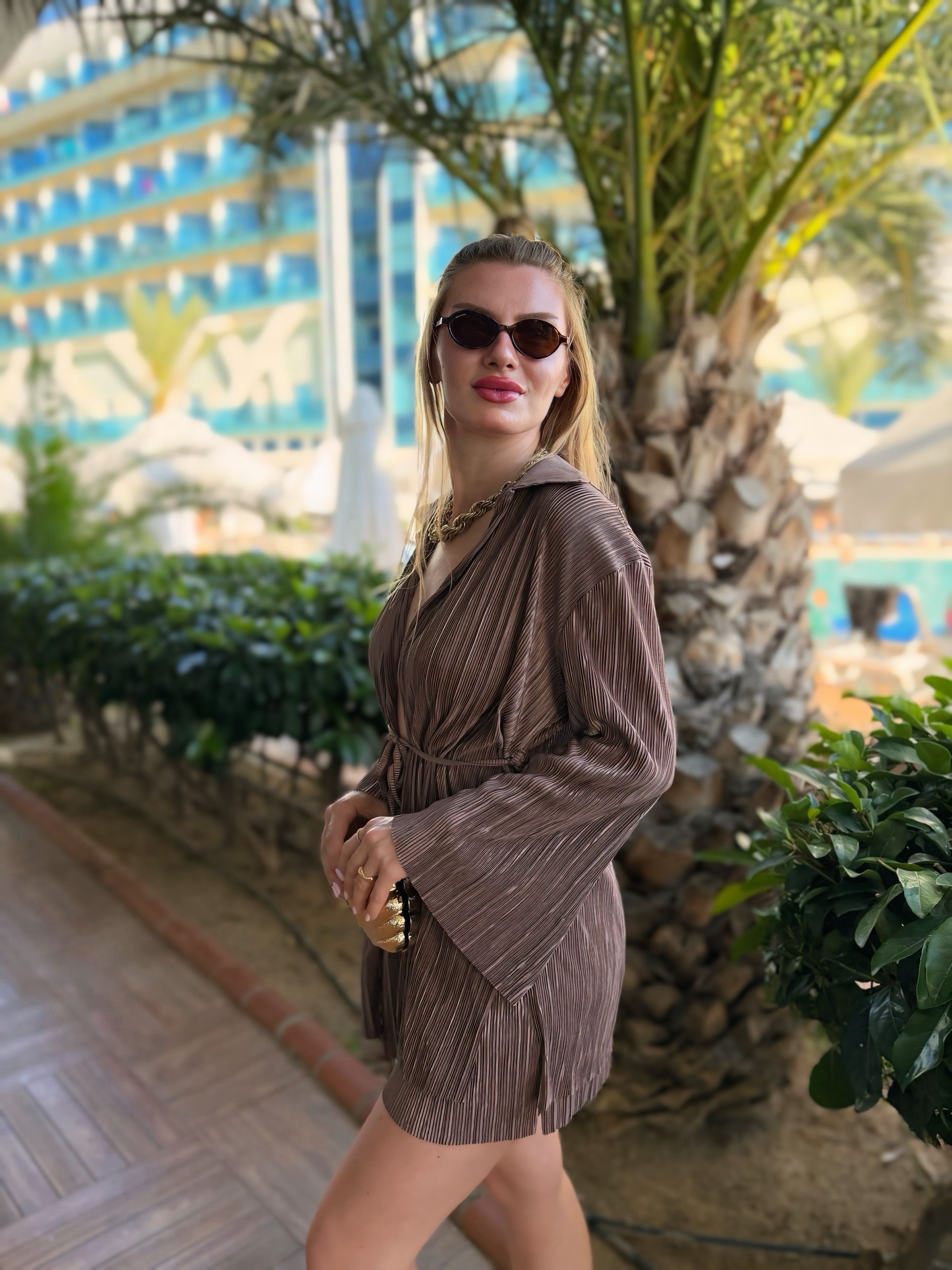 TAKIMKahve Piliseli Kimono Şortlu Takım