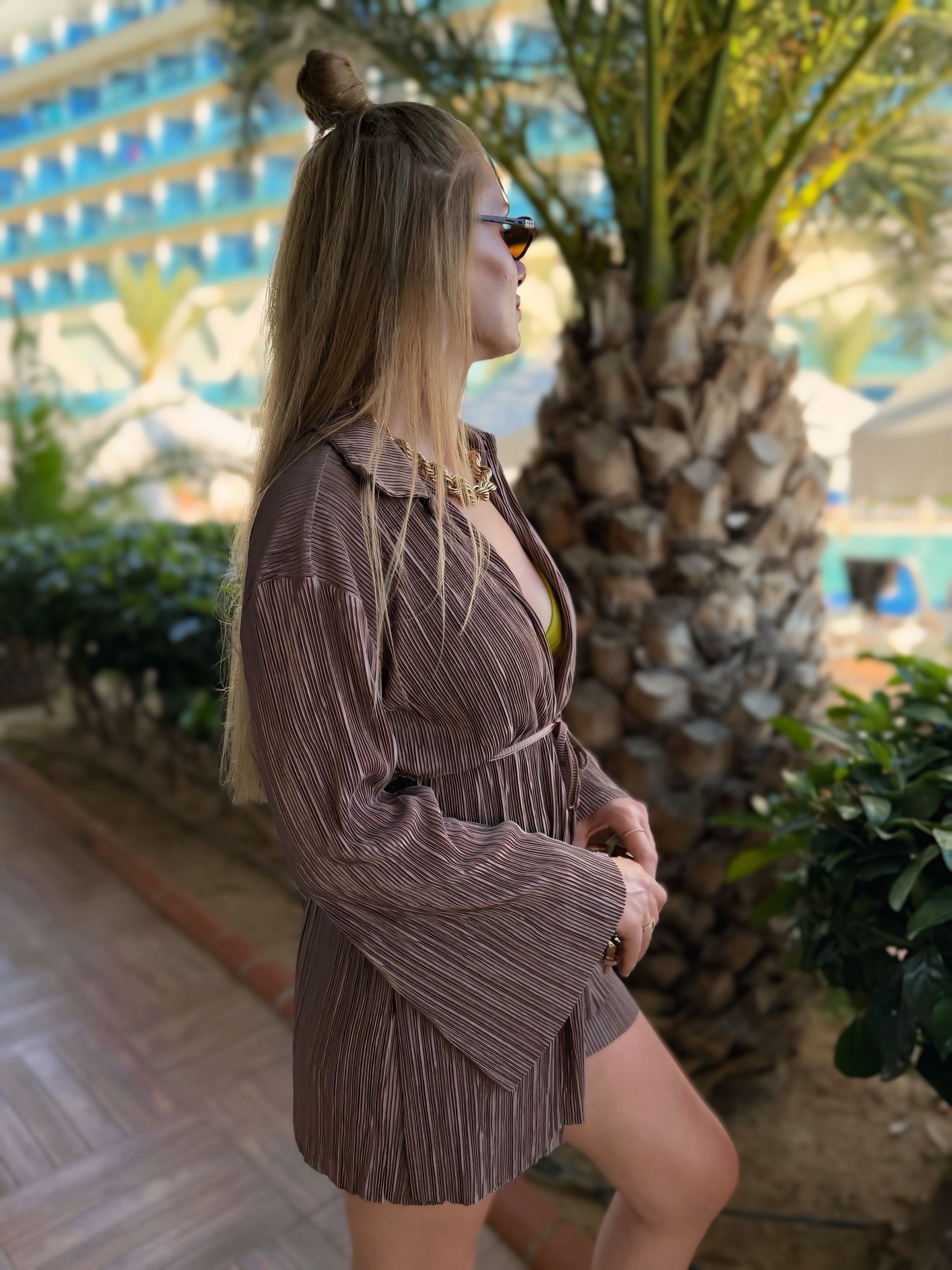 TAKIMKahve Piliseli Kimono Şortlu Takım