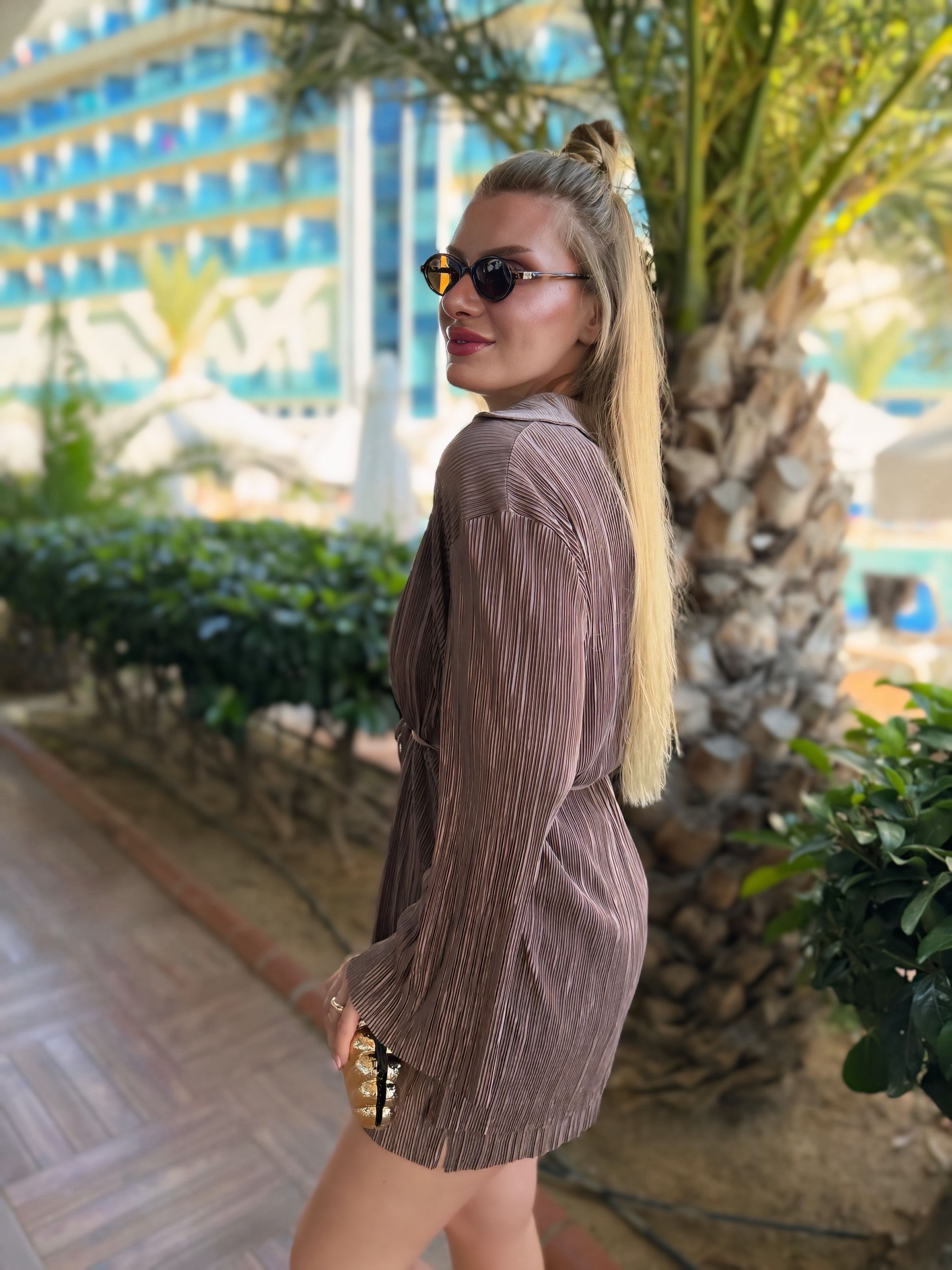 TAKIMKahve Piliseli Kimono Şortlu Takım