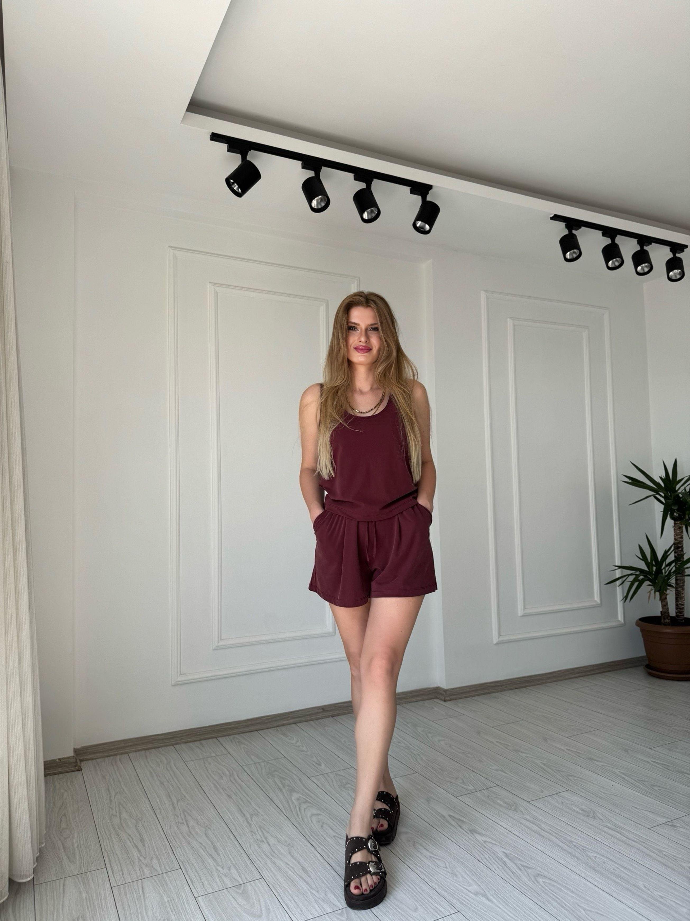 TAKIMKalın Askılı Modal Kumaş Şort Takım - Mürdüm