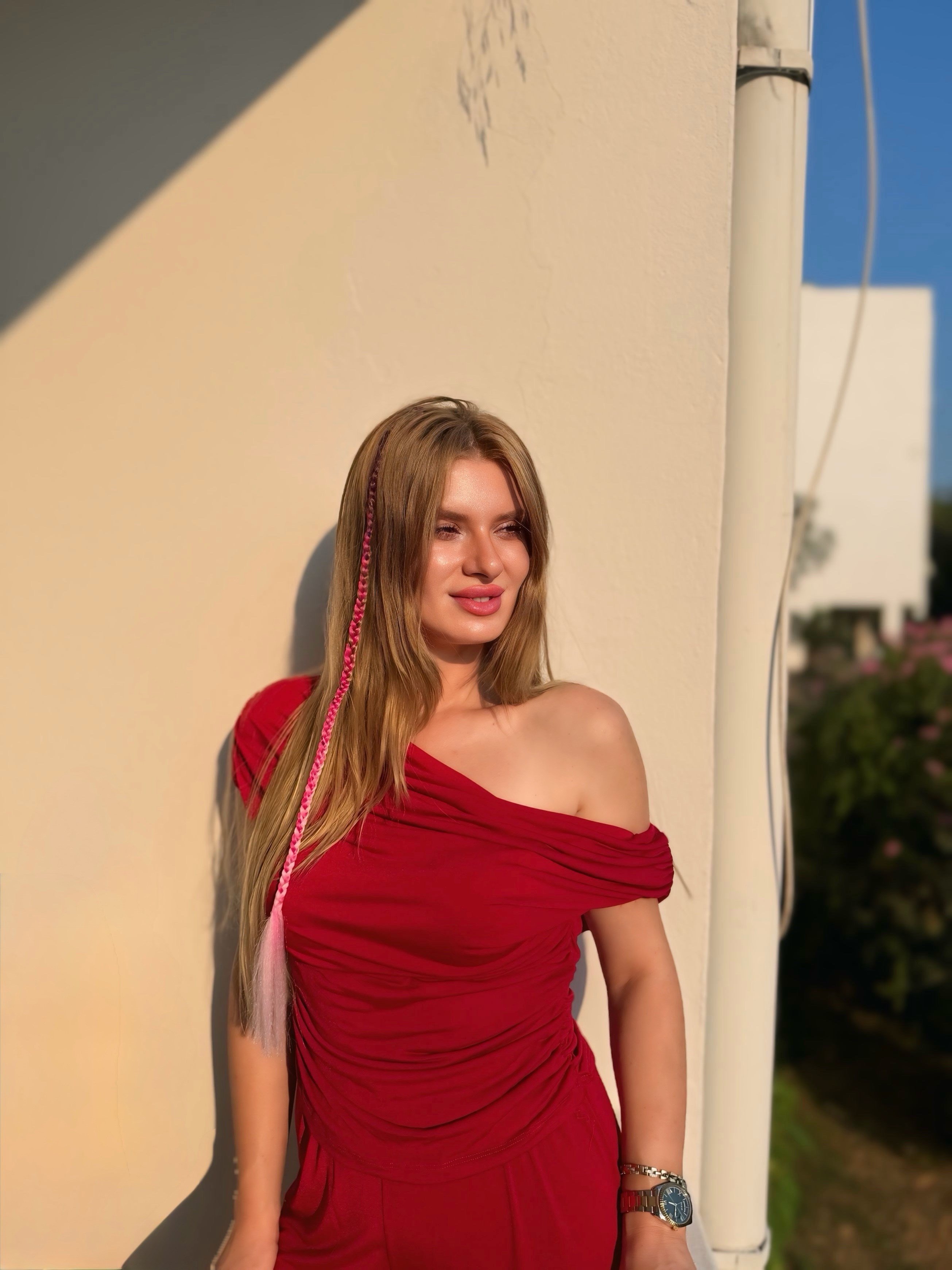 TAKIMKırmızı Yanı Büzgülü Bluz Pantolon Takım