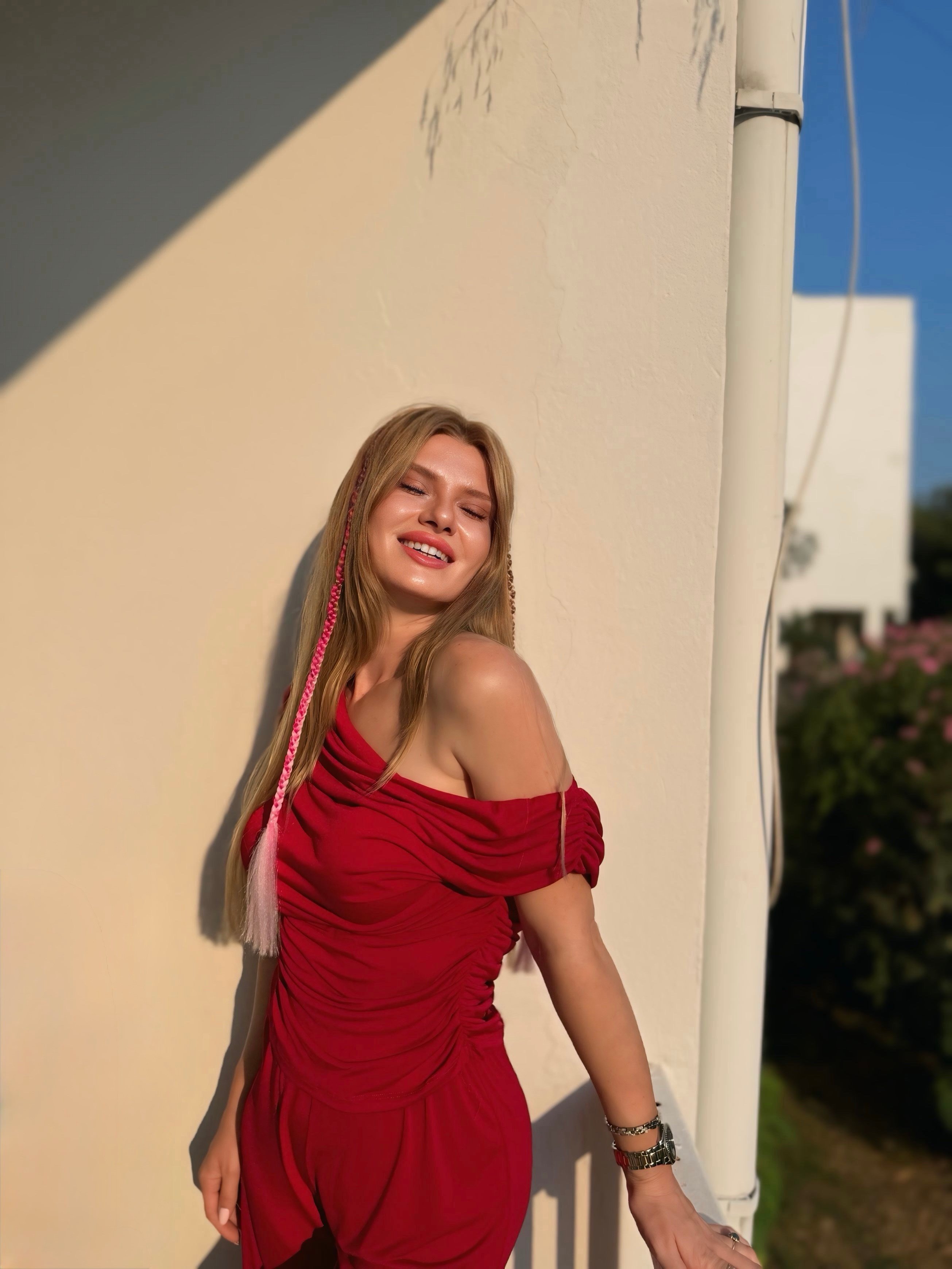 TAKIMKırmızı Yanı Büzgülü Bluz Pantolon Takım