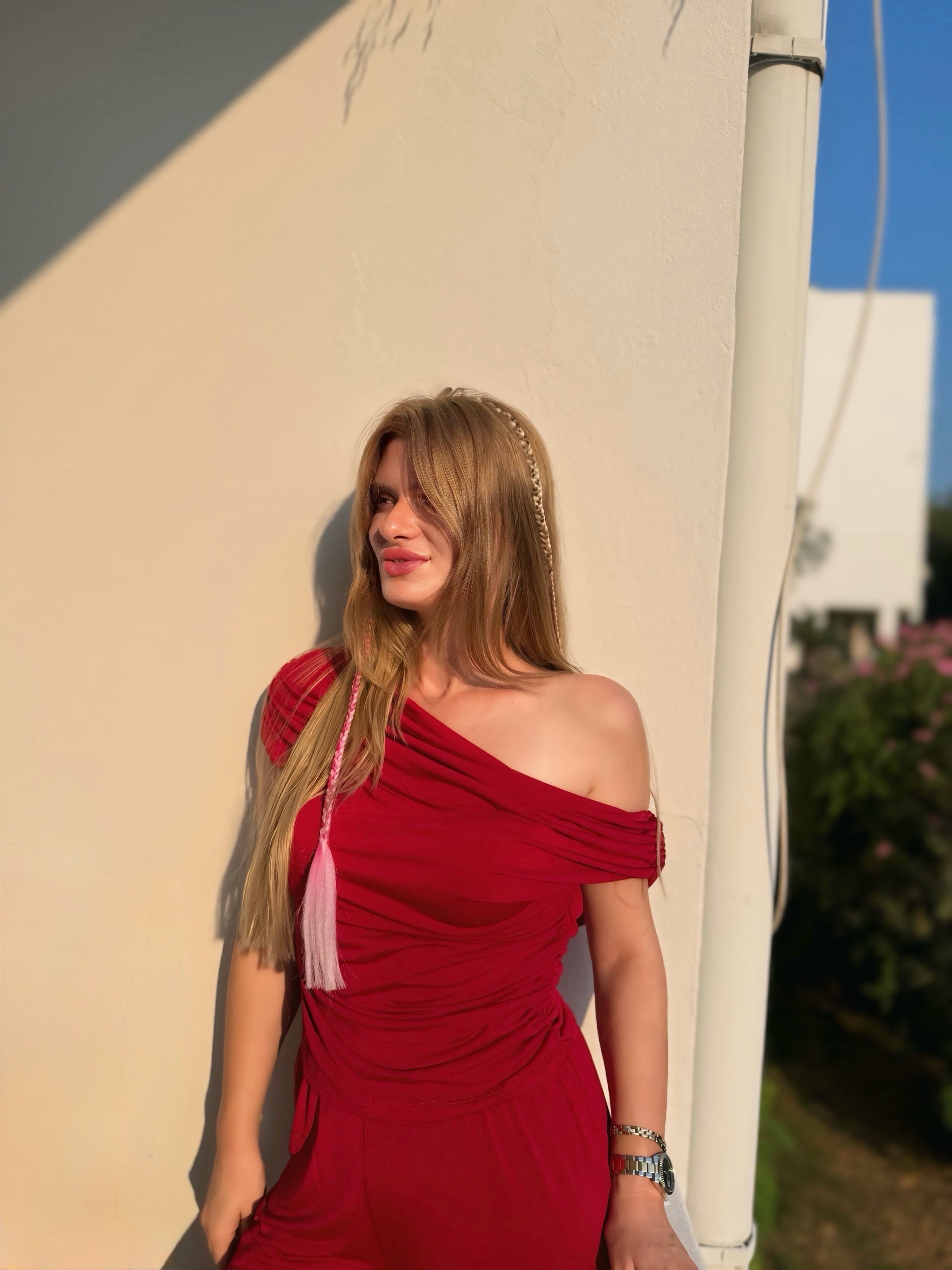 TAKIMKırmızı Yanı Büzgülü Bluz Pantolon Takım
