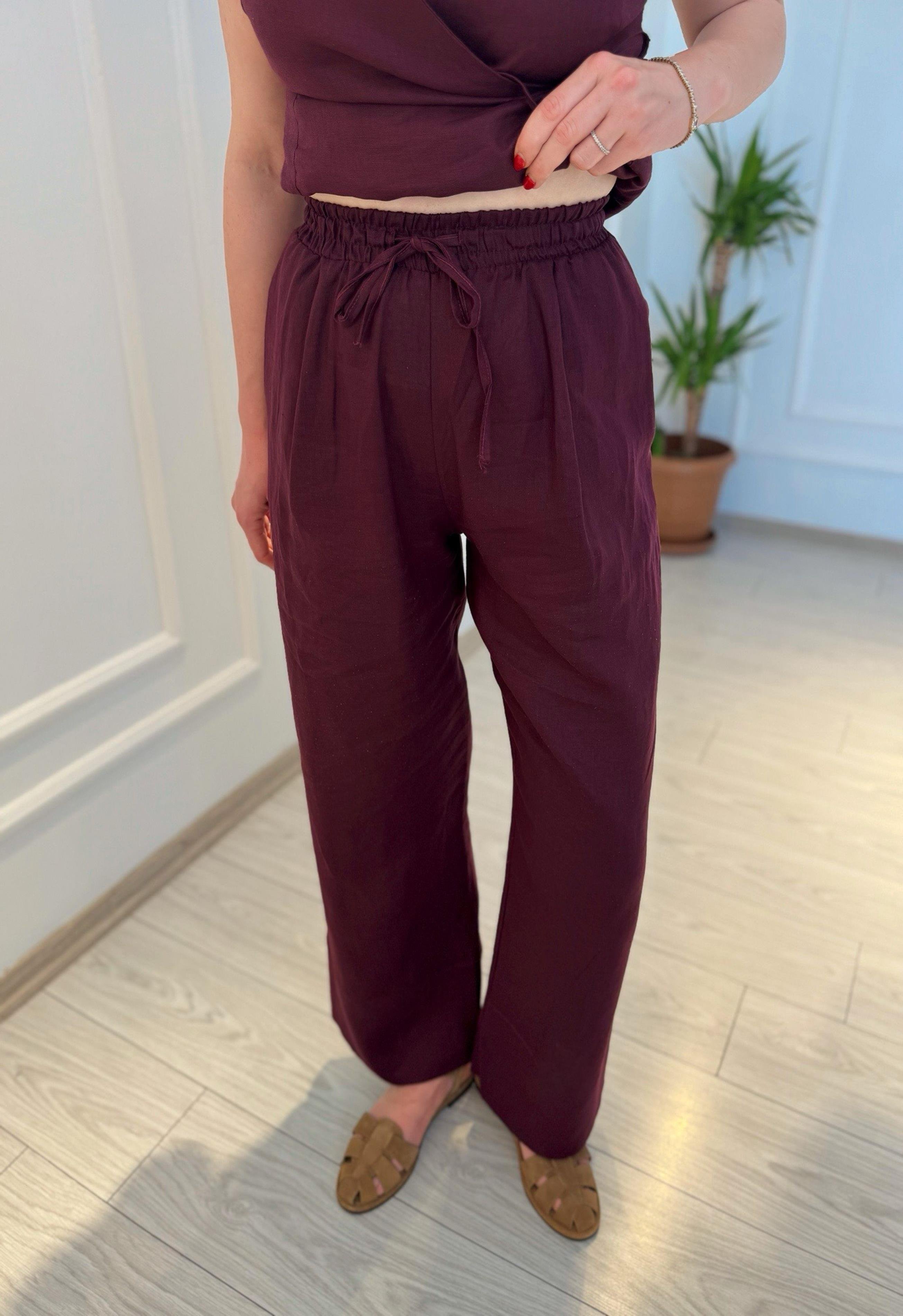 TAKIMKruvaze Bağlama Detaylı Premium Keten Yelek Pantolon Takım- Mürdüm