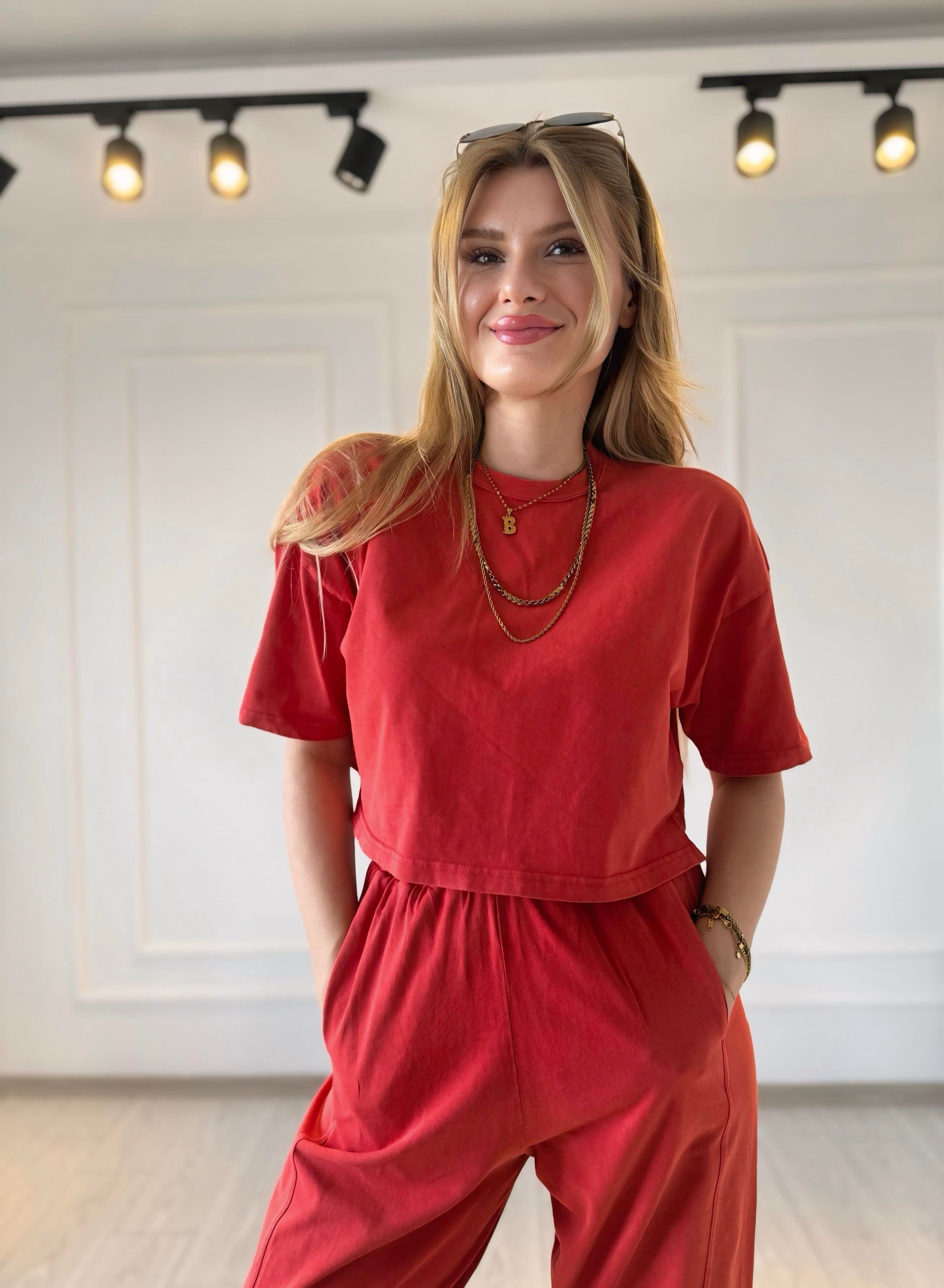 TAKIMMarka Model Kar Yıkamalı Pantolon Tshirt Takım - Nar Çiçeği