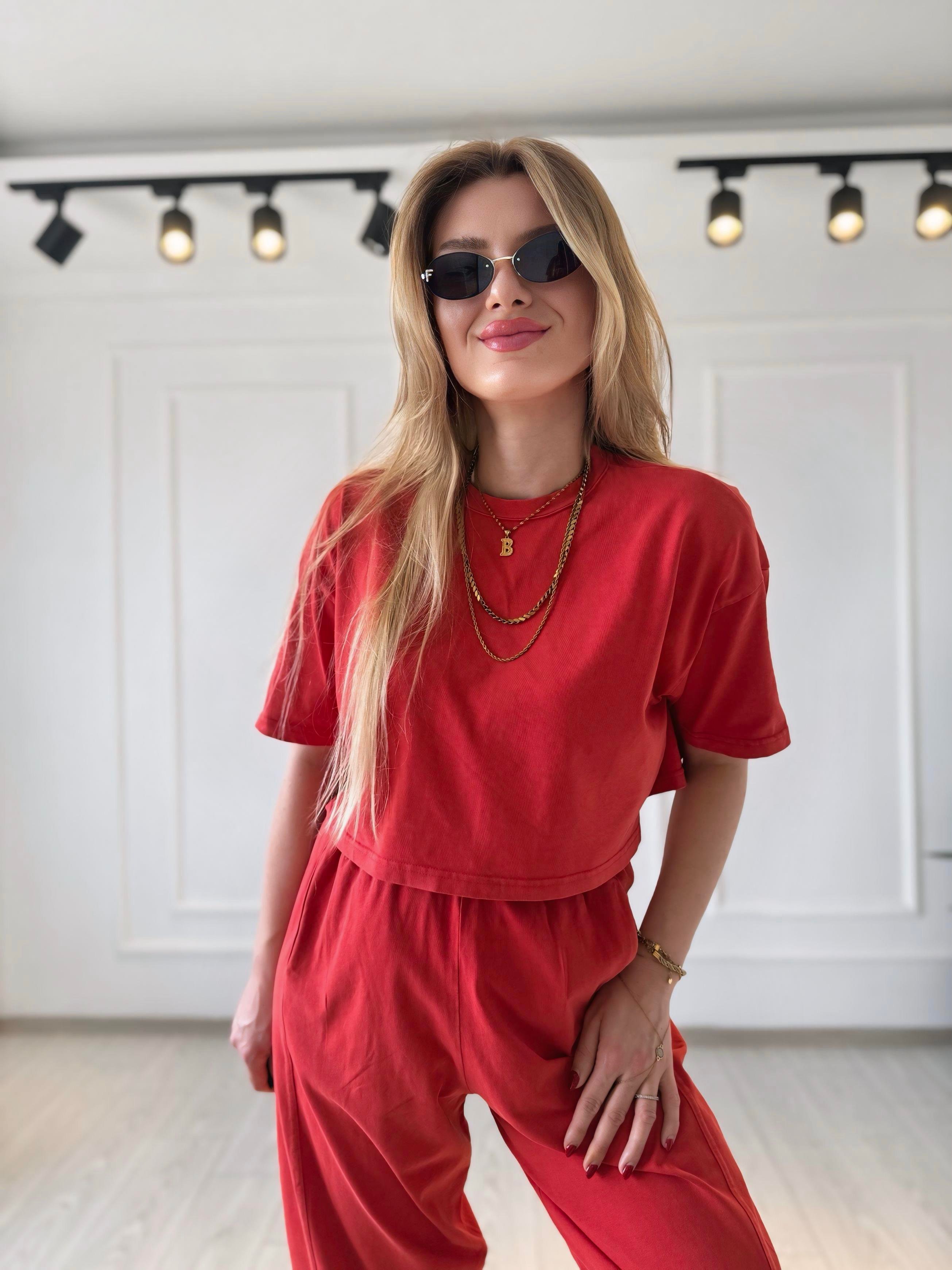 TAKIMMarka Model Kar Yıkamalı Pantolon Tshirt Takım - Nar Çiçeği
